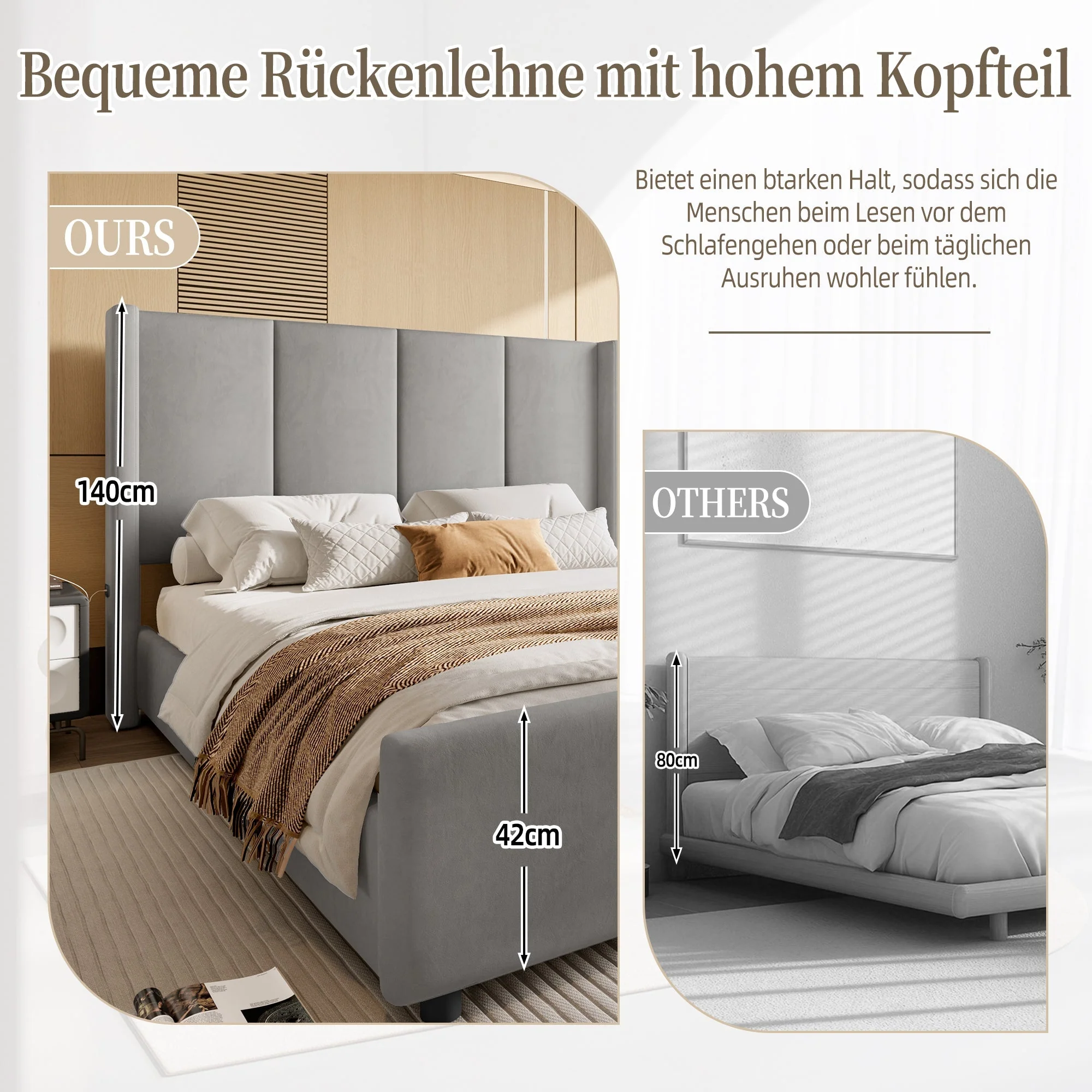 Upholstered Bed Frame, 160x200cm Modern with USB Port, Iron & Wood, Grey - Image 5