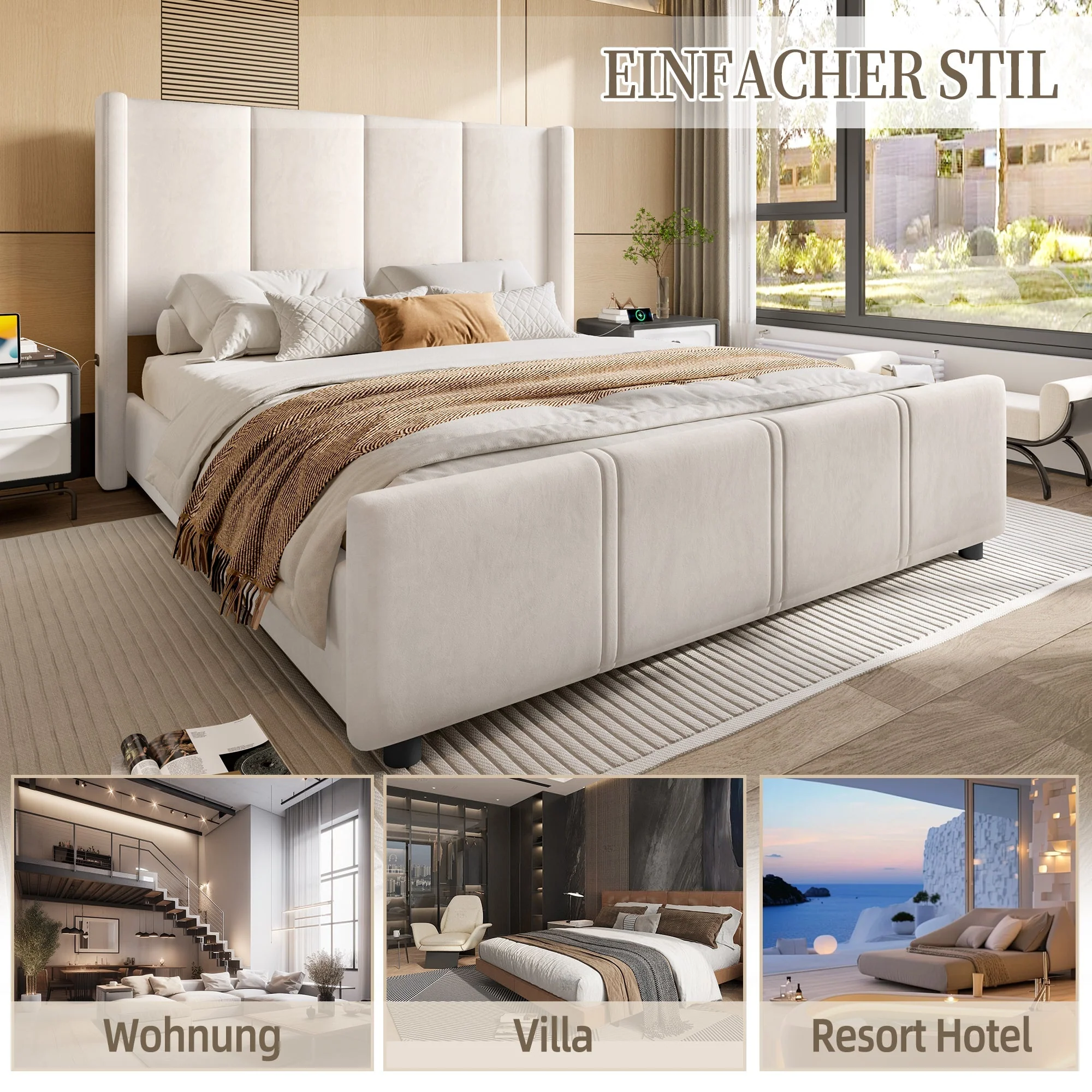 Upholstered Bed Frame, Modern High Headboard & Footboard, USB Port, Iron & Wood, Beige - Image 9