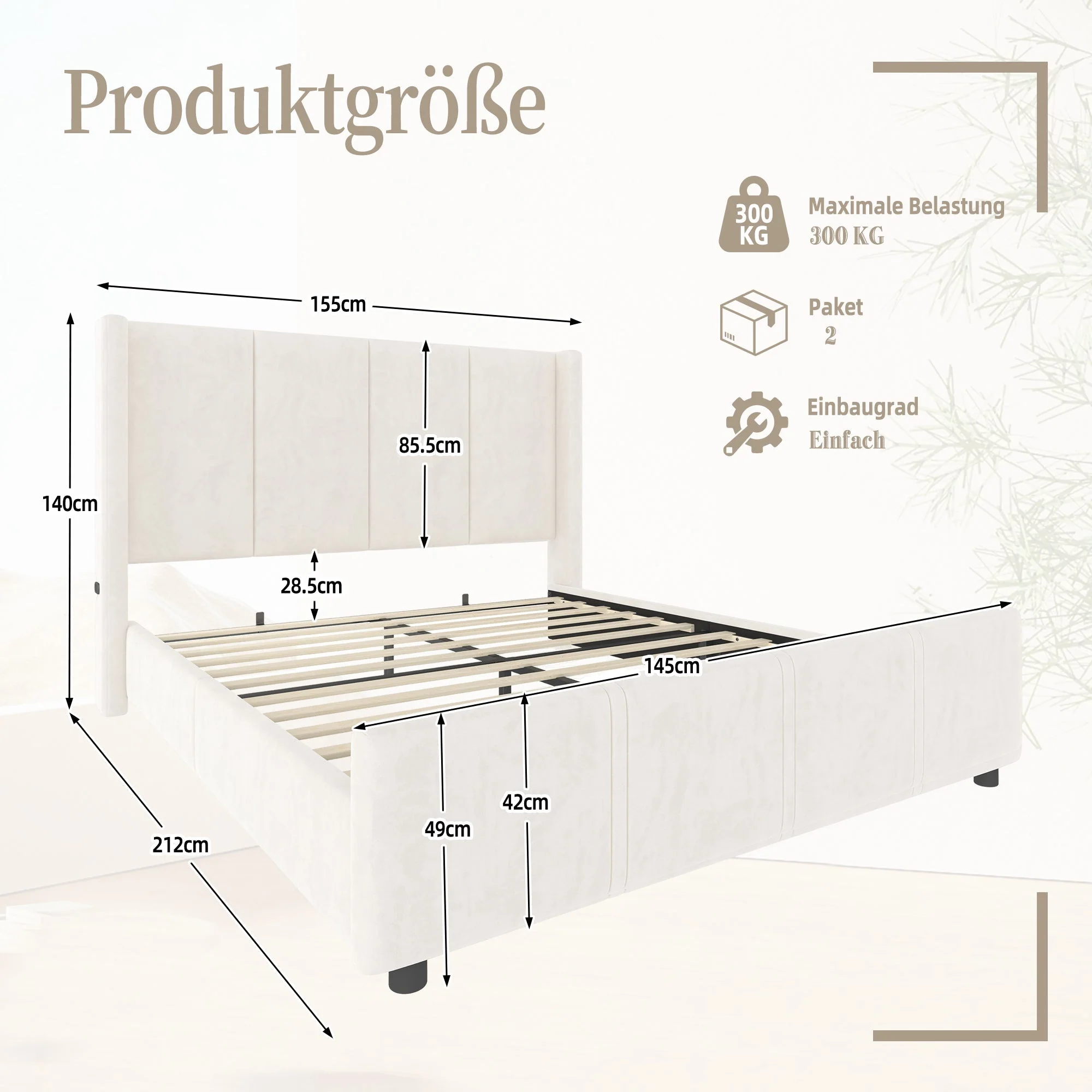 Upholstered Bed Frame, Modern with USB Port, Iron & Wood, Beige - Image 11
