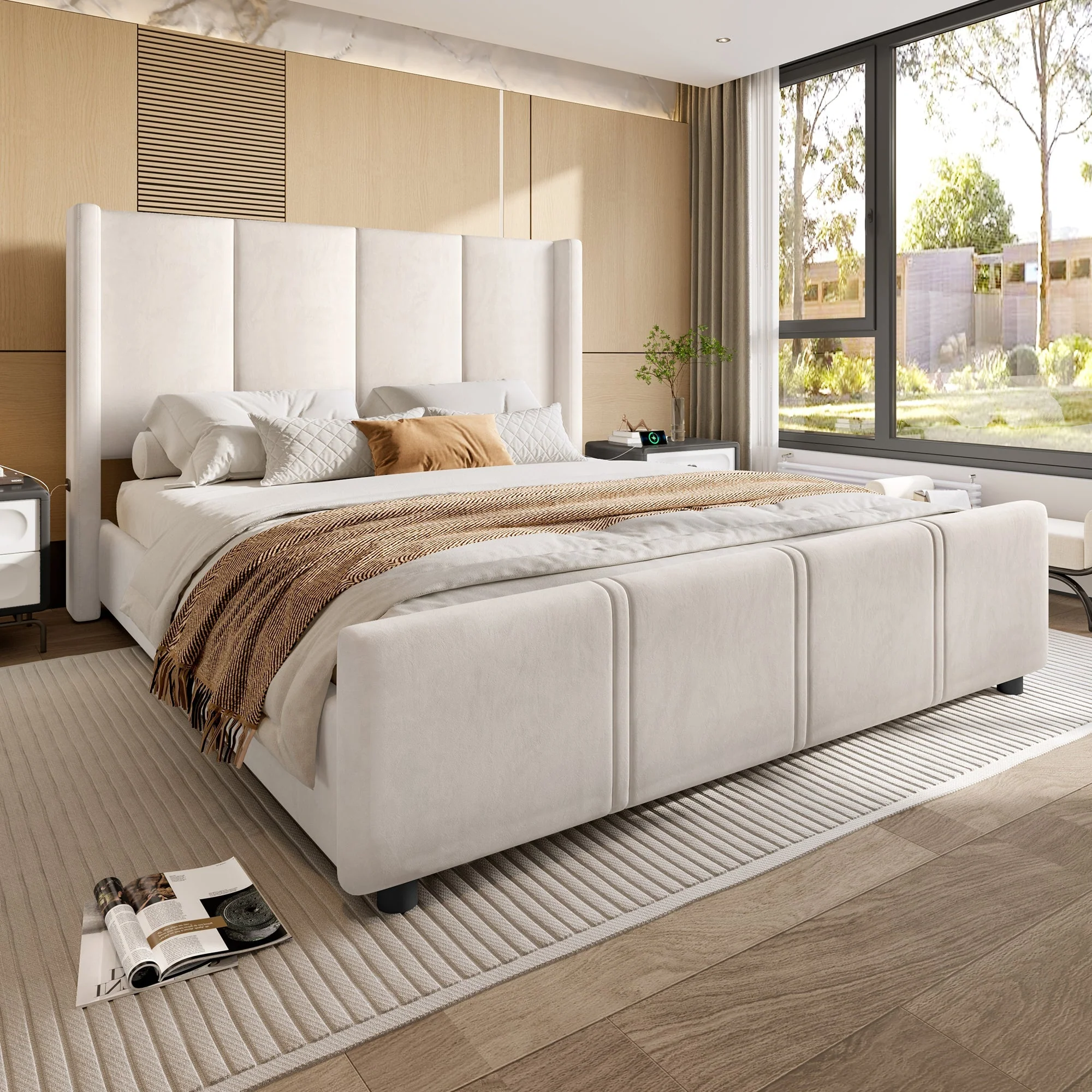 Upholstered Bed Frame, Modern with USB Port, Iron & Wood, Beige - Image 12