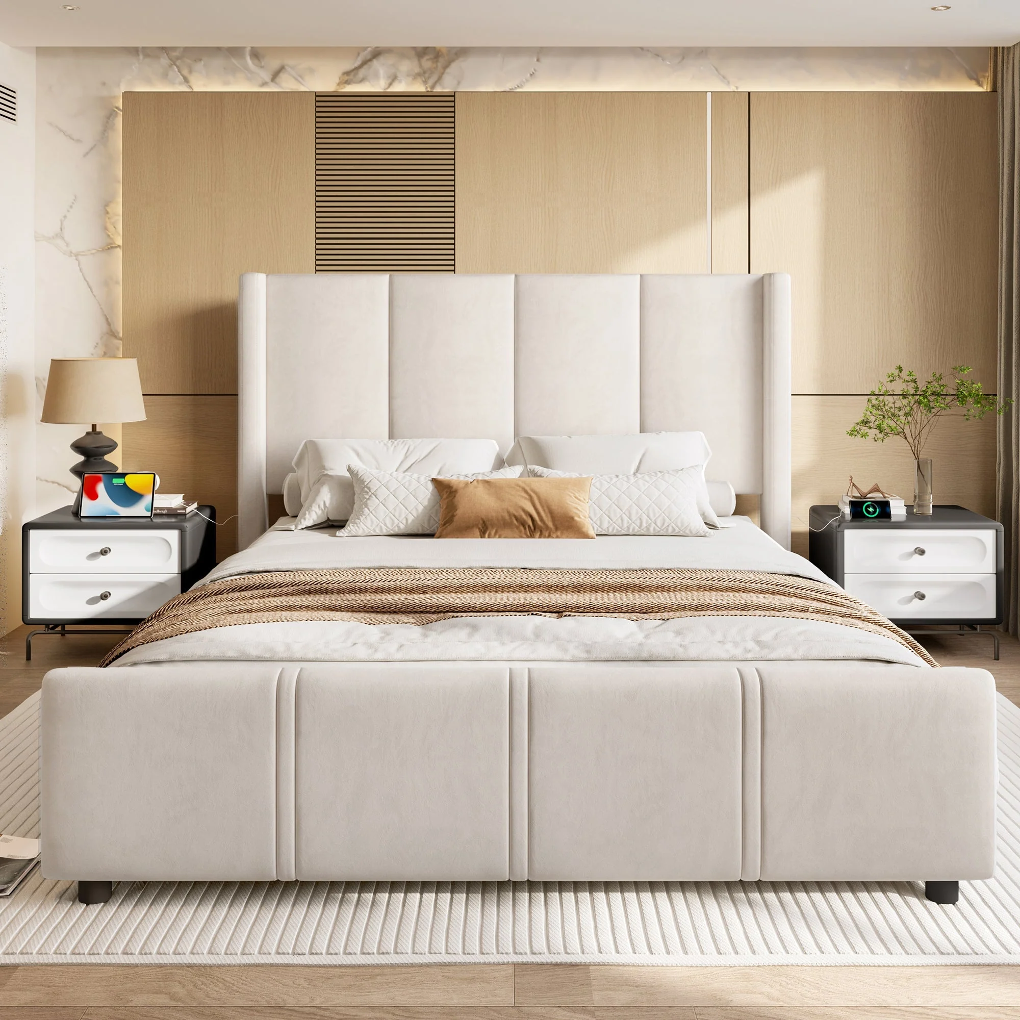 Upholstered Bed Frame, Modern with USB Port, Iron & Wood, Beige - Image 6