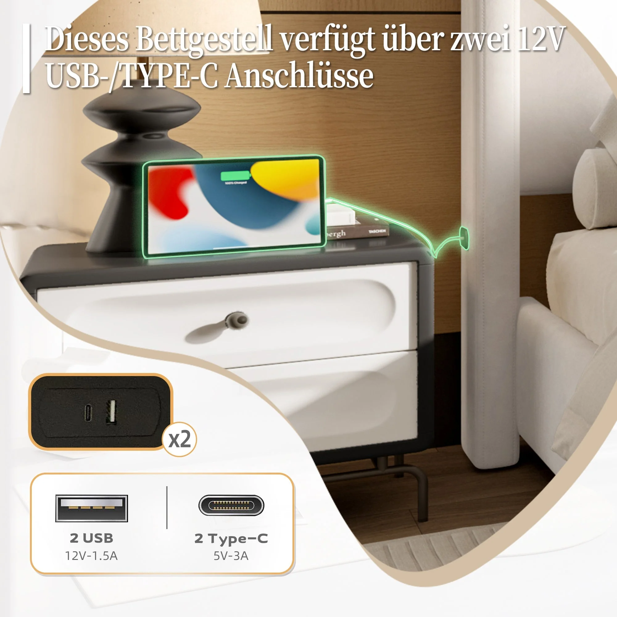 Upholstered Bed Frame, Modern with USB Port, Iron & Wood, Beige - Image 7