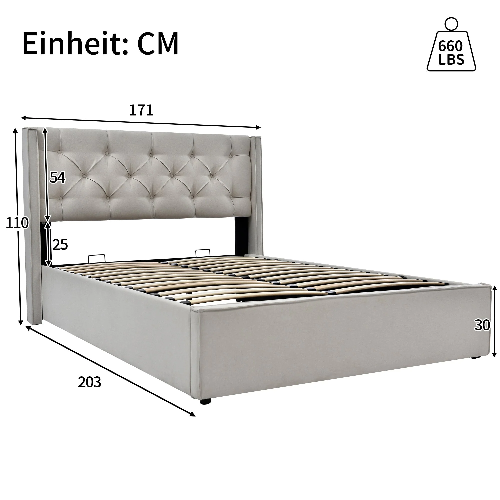 Upholstered Bed, Hydraulic Double with Storage, Light Grey Cotton - Image 2