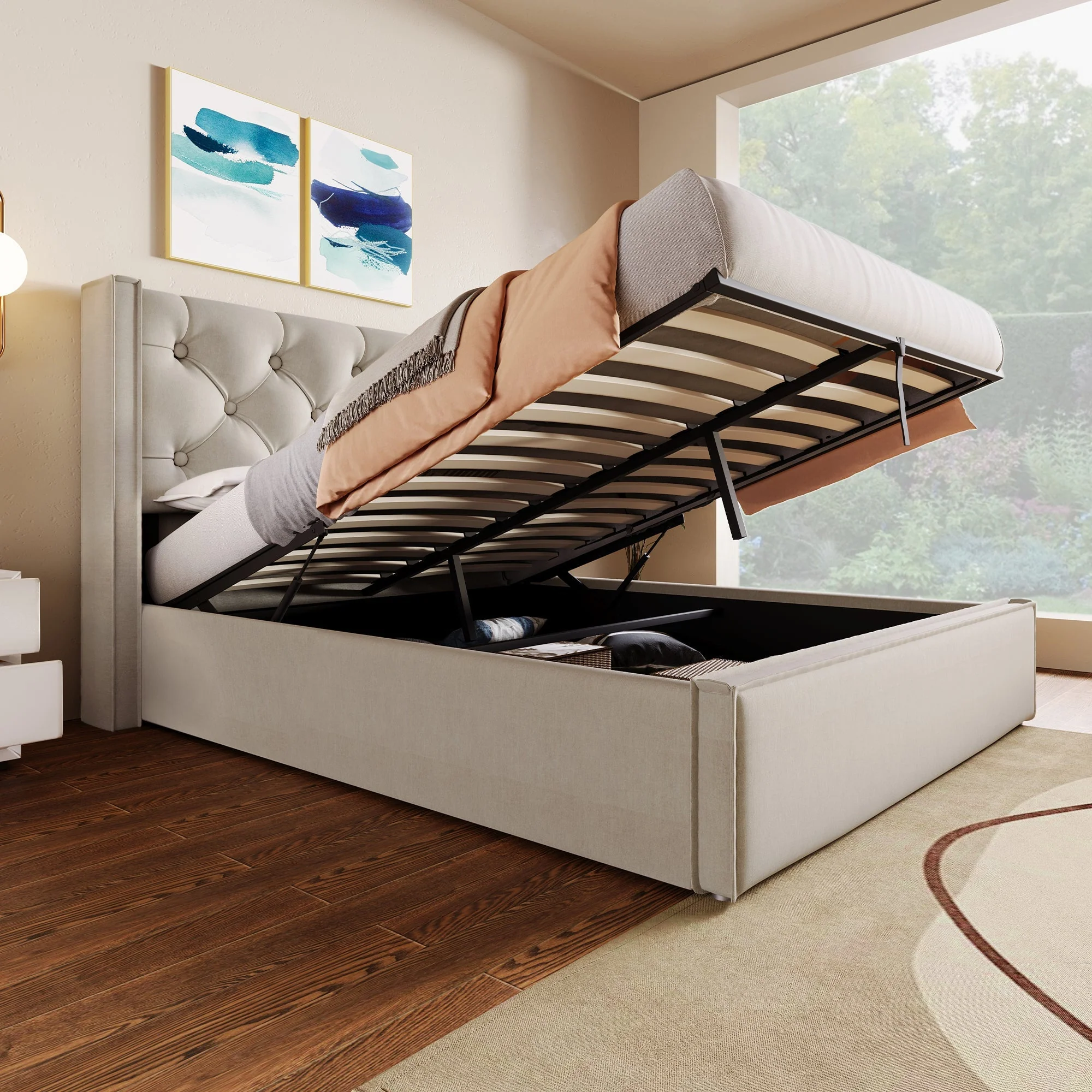 Upholstered Bed, Hydraulic Double with Storage, Light Grey Cotton - Image 3