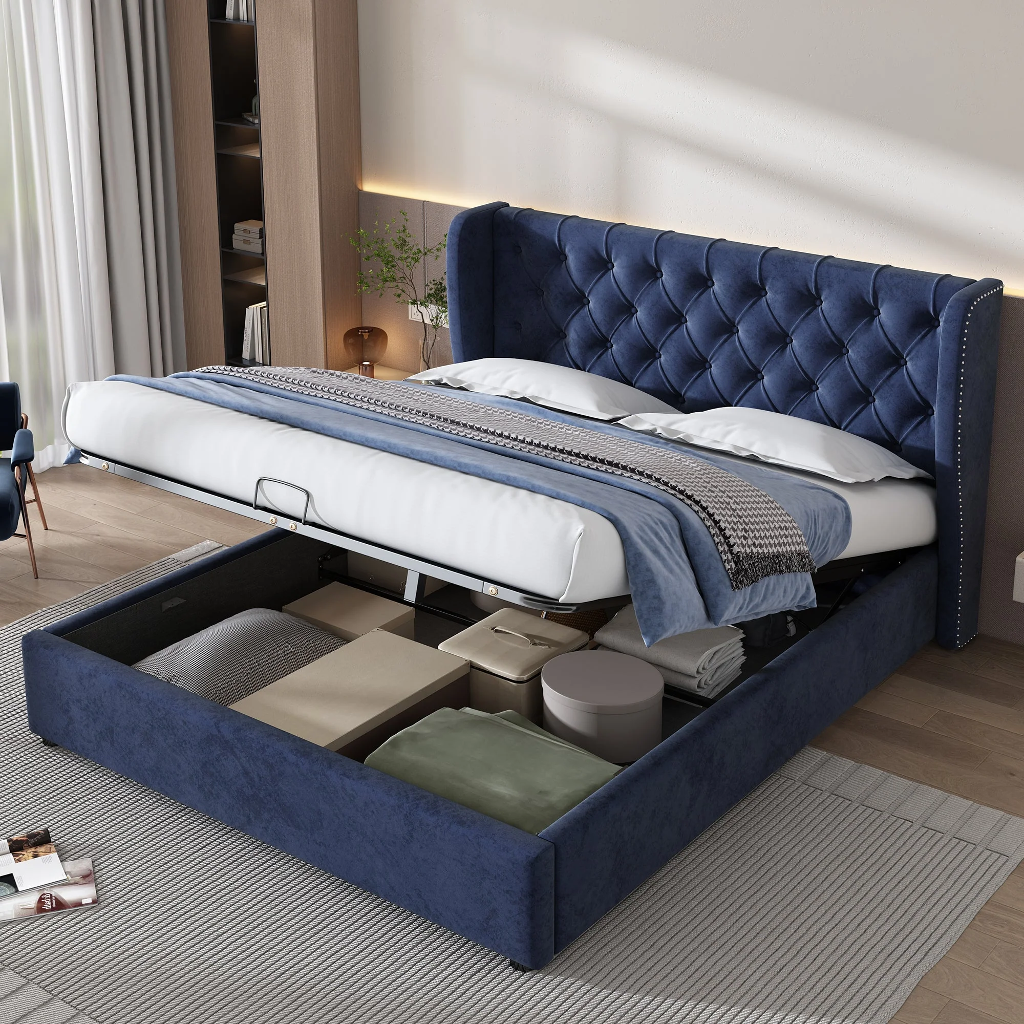 Upholstered Bed, Hydraulic Lift, Storage, 135x190cm, Blue Velvet