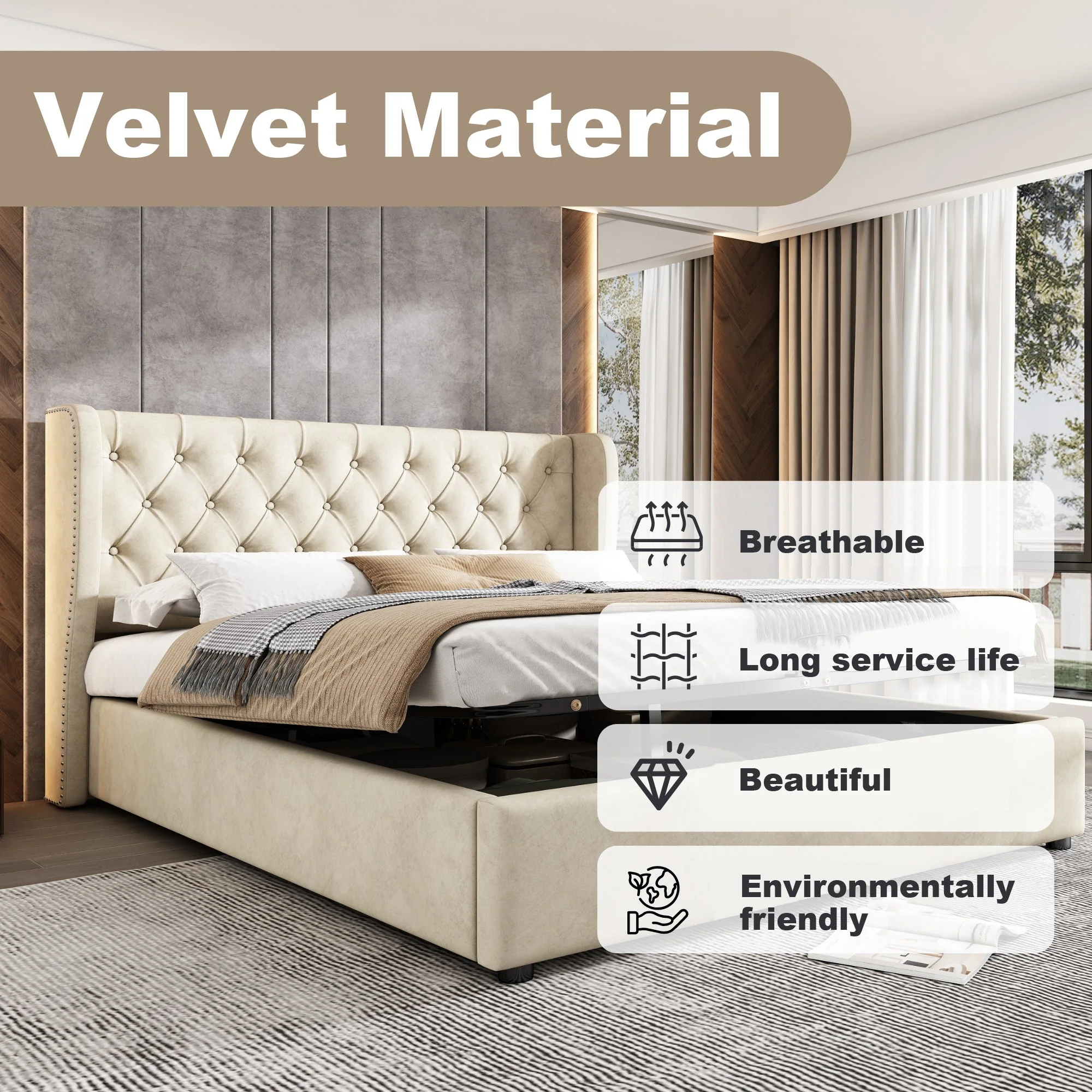 Upholstered Bed, Hydraulic Lift Storage, 135x190cm, Velvet Beige - Image 2