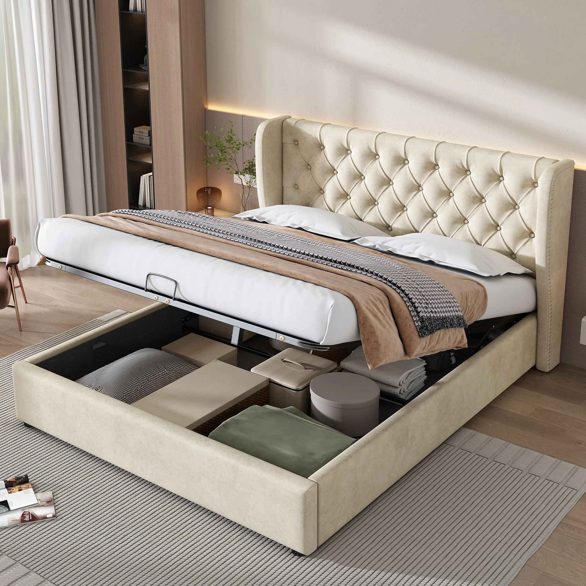 Upholstered Bed, Hydraulic Lift Storage, 135x190cm, Velvet Beige - Image 4
