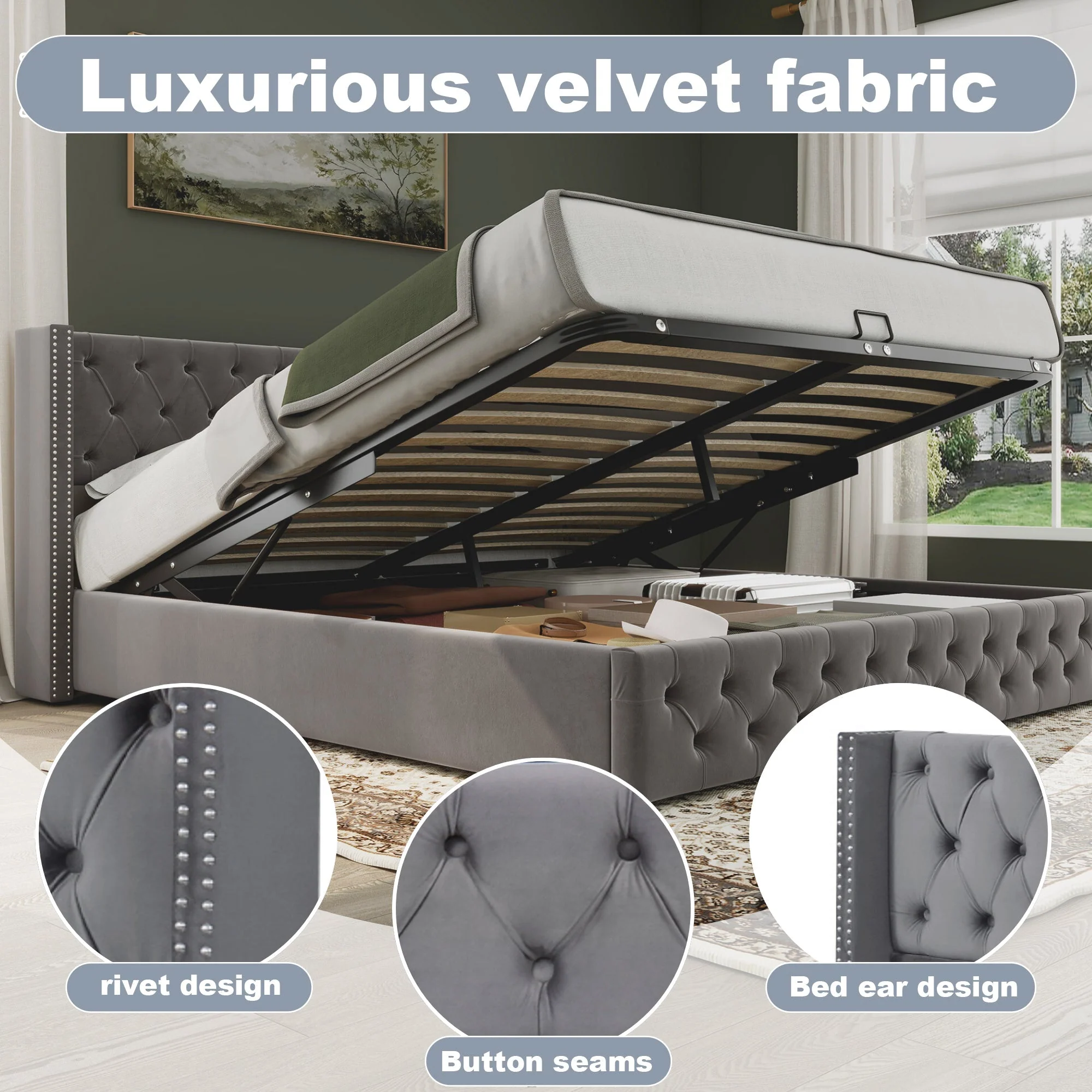 Upholstered Bed, Hydraulic Lift, Storage, 150x200 cm, Grey Velvet - Image 2