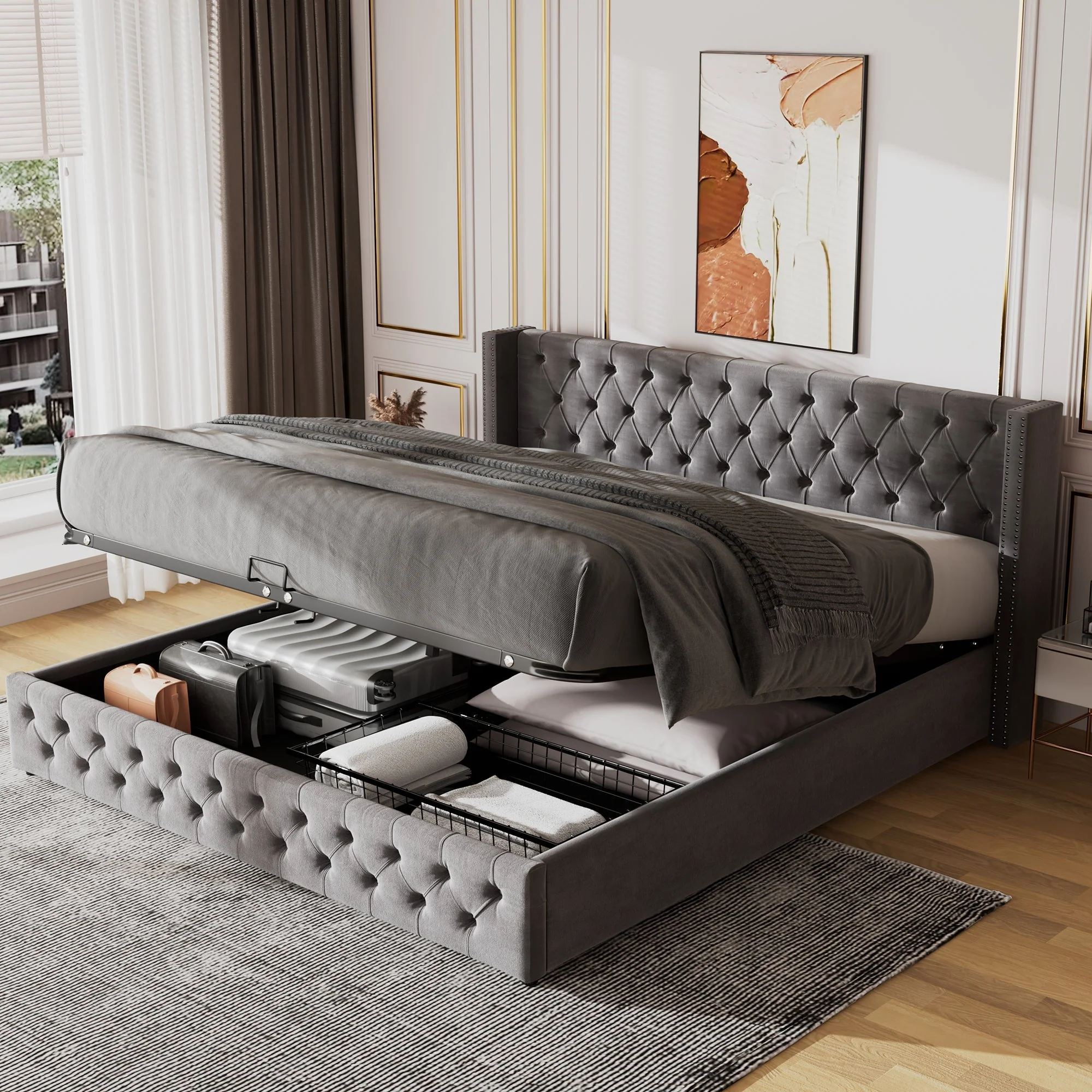 Upholstered Bed, Hydraulic Lift, Storage, 150x200 cm, Grey Velvet - Image 3