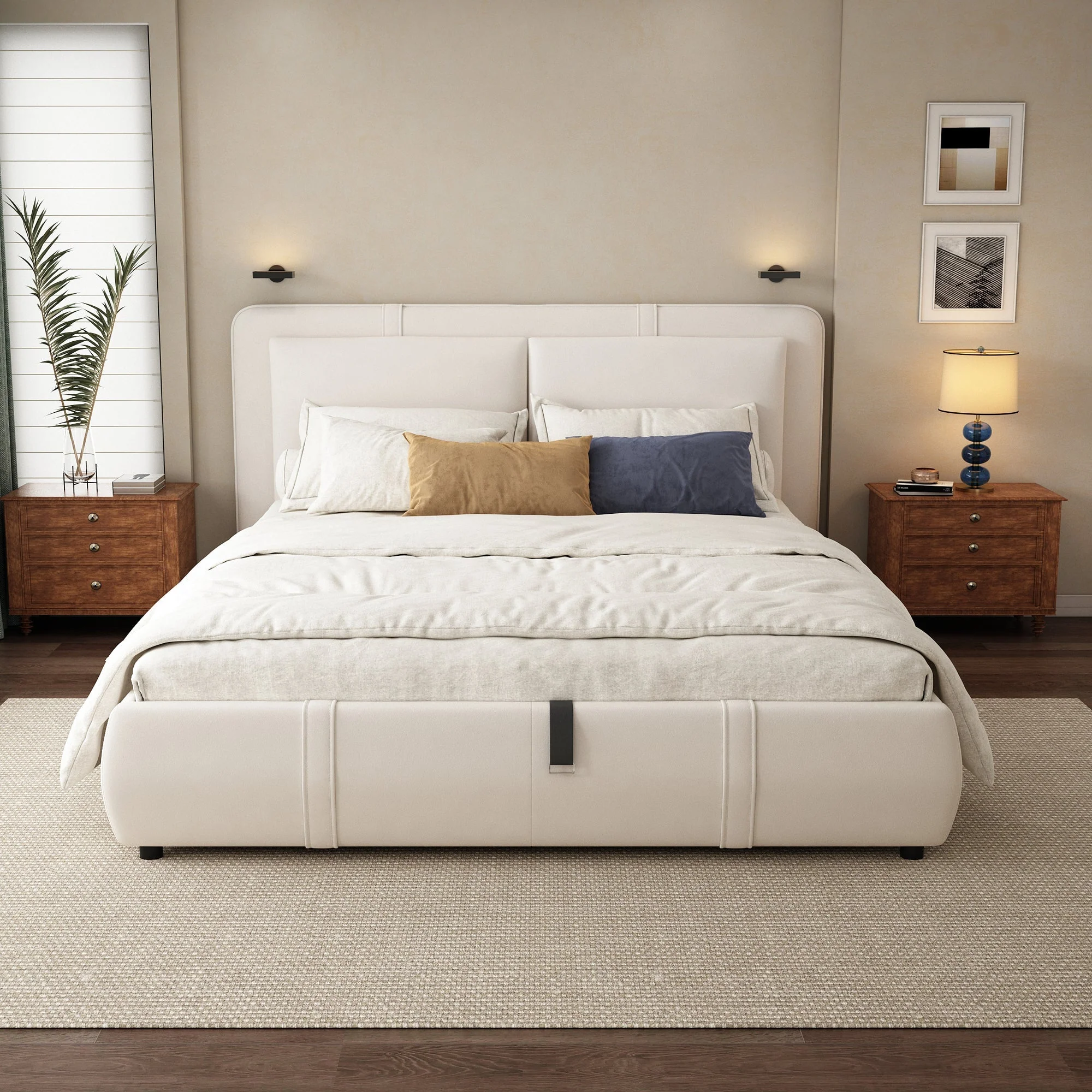 Upholstered Bed, Hydraulic Storage Function, 4ft6 Double 135x190cm, Durable, Sturdy, Removable Soft Headboard Backrest, Velvet Plywood Beige - Image 2
