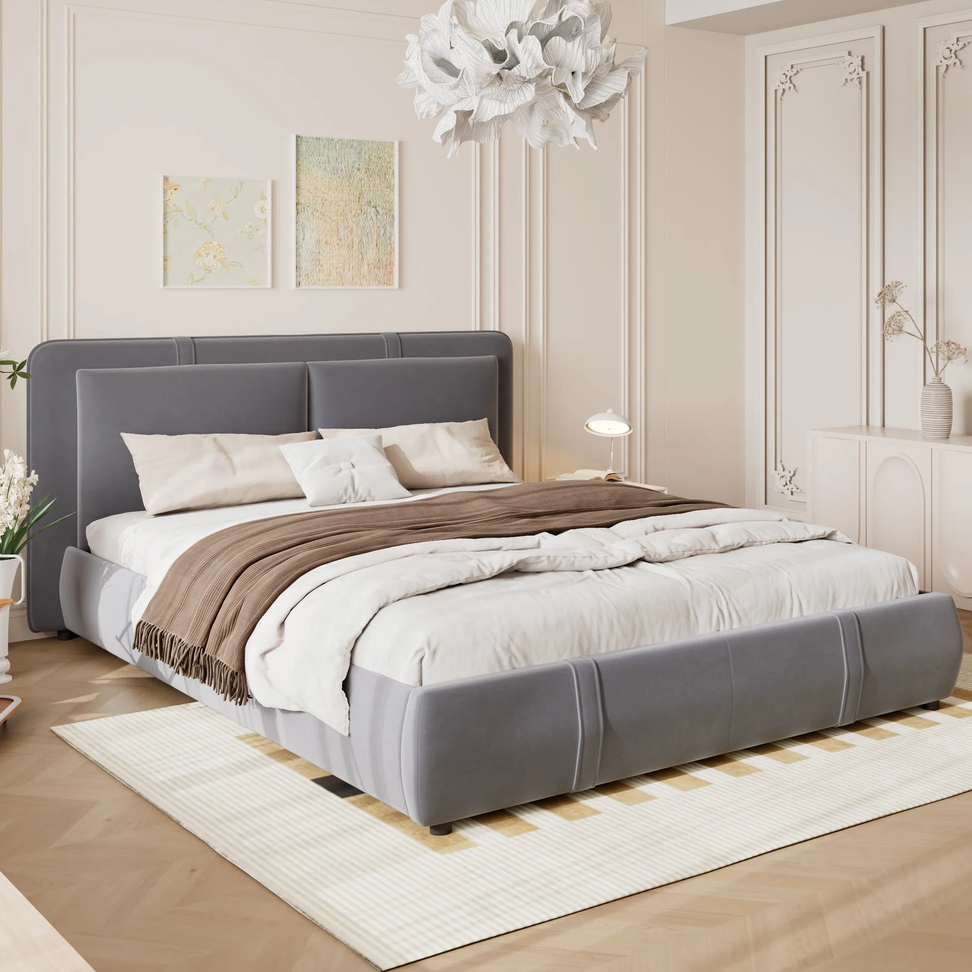 Upholstered Bed, Hydraulic Storage Function, 4ft6 Double 135x190cm, Removable Headboard, Velvet + Plywood, Grey - Image 3
