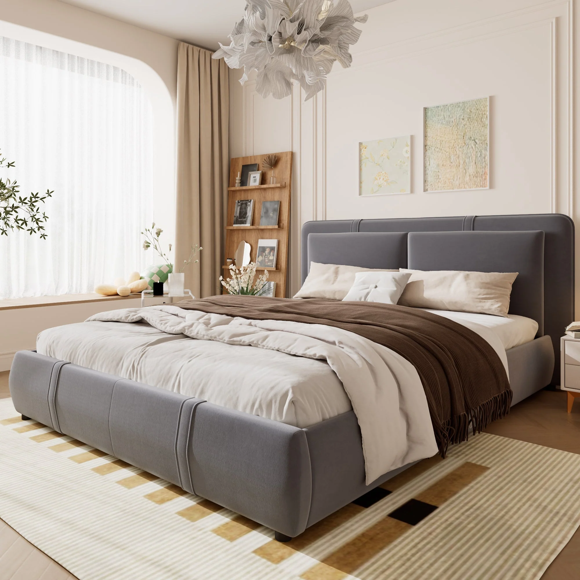 Upholstered Bed, Hydraulic Storage Function, 4ft6 Double 135x190cm, Removable Headboard, Velvet + Plywood, Grey - Image 4