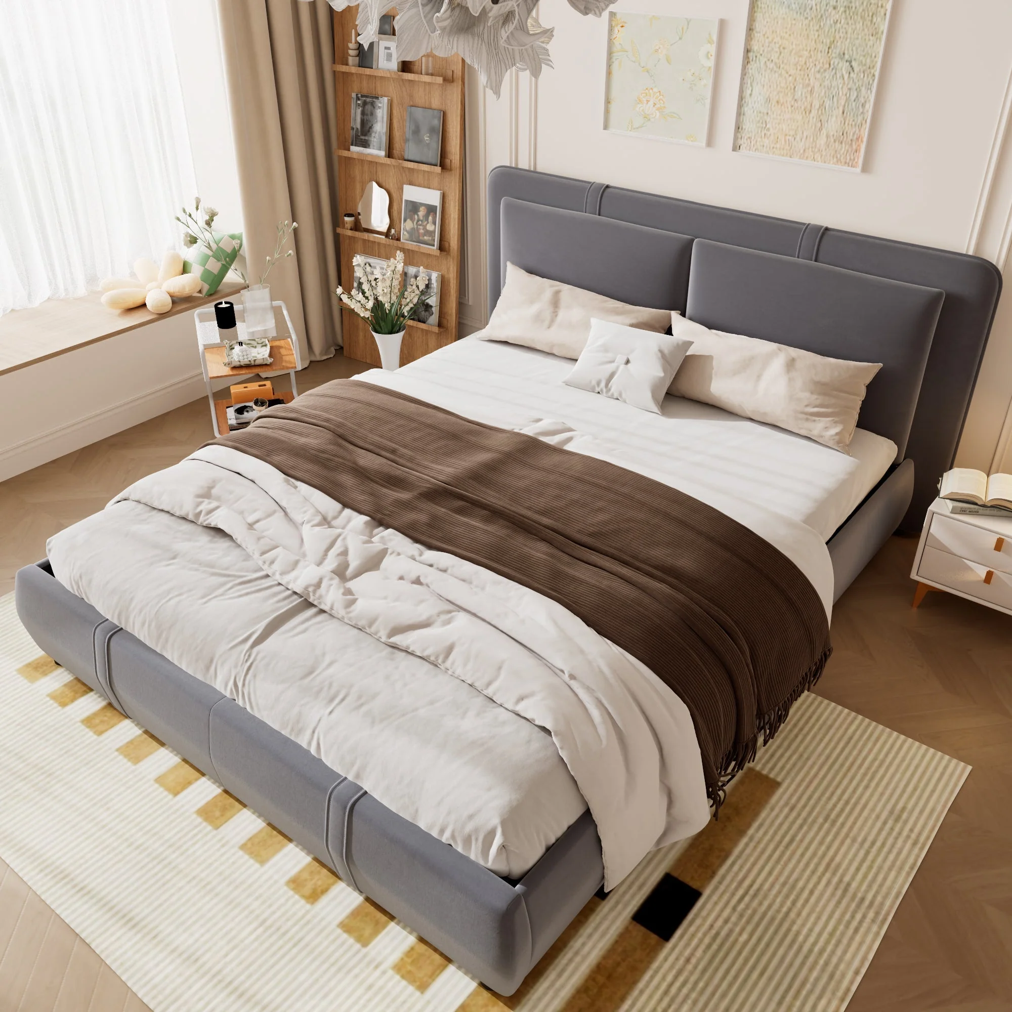 Upholstered Bed, Hydraulic Storage Function, 4ft6 Double 135x190cm, Removable Headboard, Velvet + Plywood, Grey - Image 5