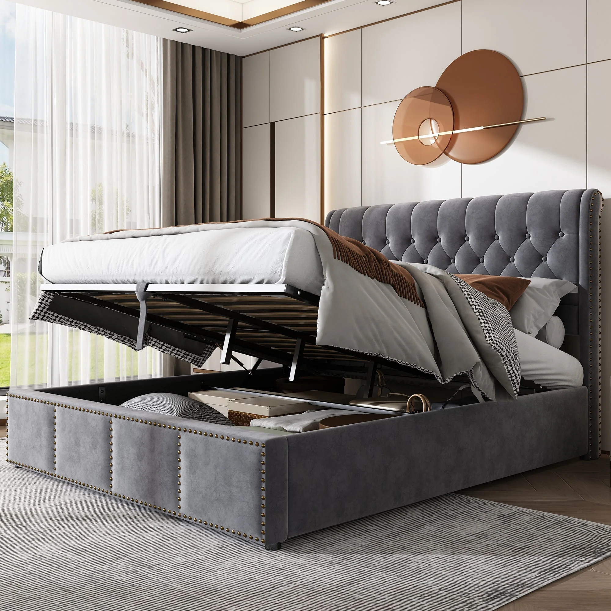 Upholstered Bed Hydraulic Storage Studded Decoration 180x200cm - Velvet Grey
