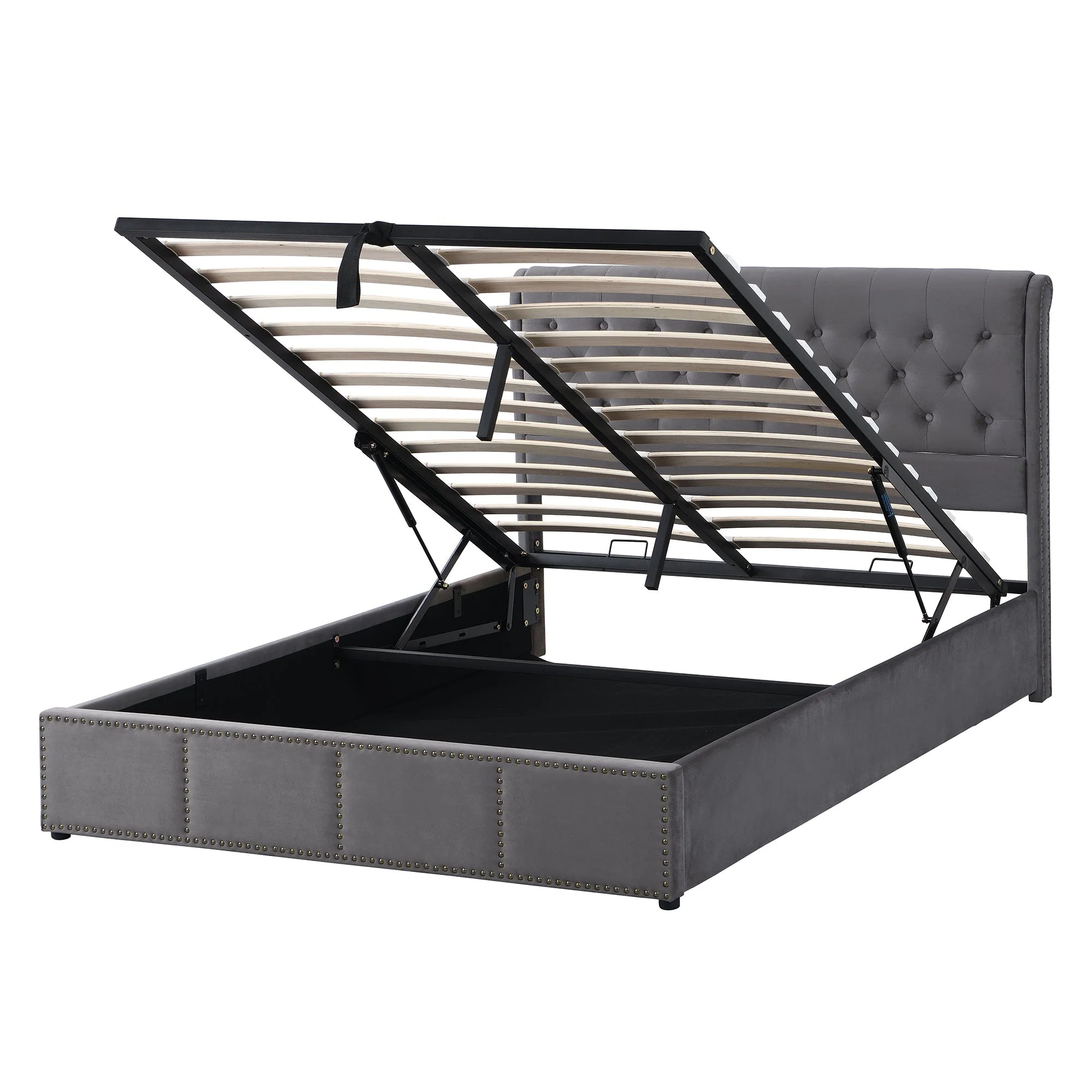 Upholstered Bed Hydraulic Storage Studded Decoration 180x200cm - Velvet Grey - Image 4