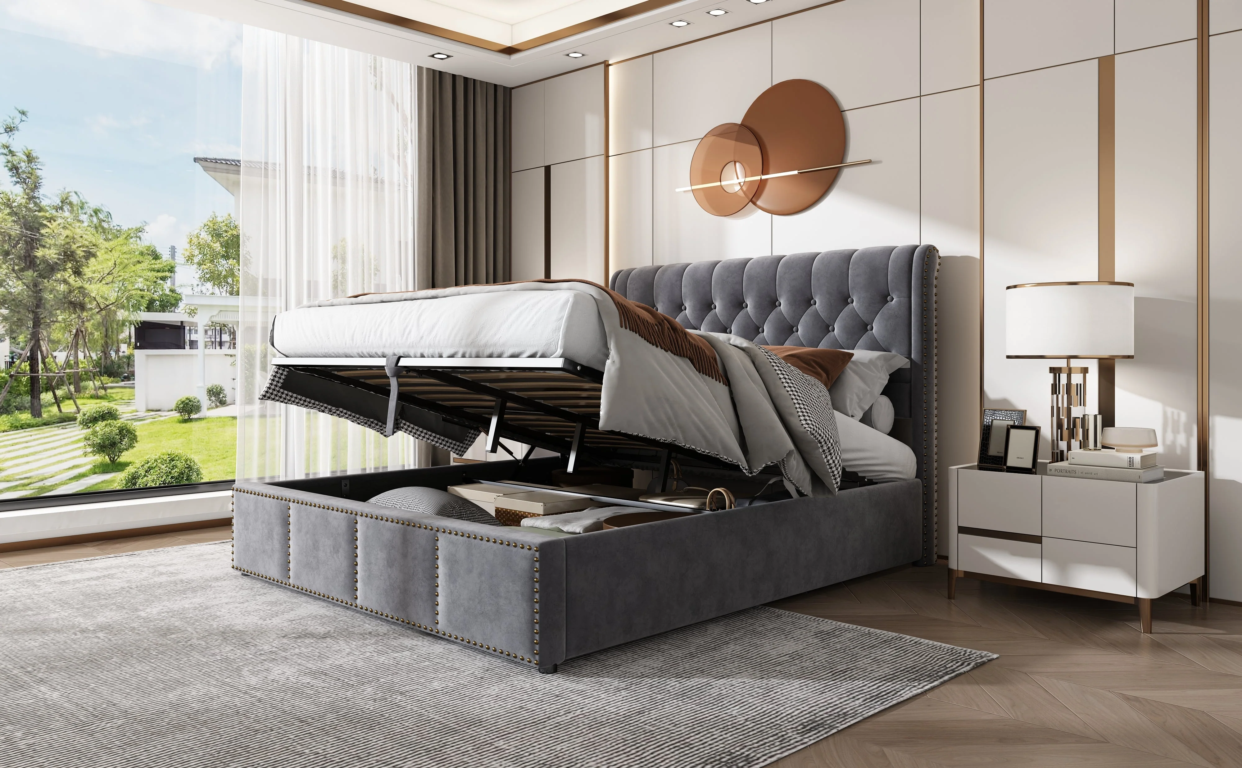 Upholstered Bed Hydraulic Storage Studded Headboard 160x200cm Velvet Grey - Image 10