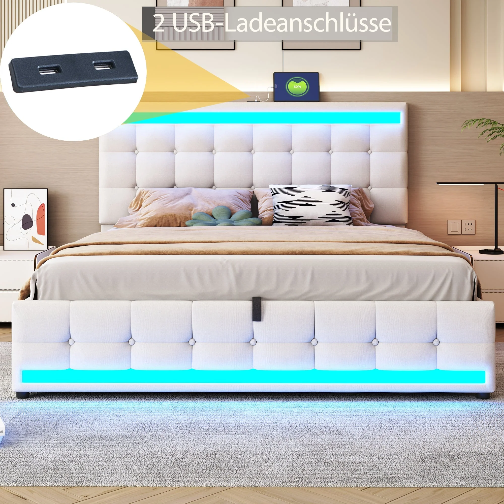 Upholstered Bed, Hydraulic Storage with USB & LED Light Strip, Beige Linen - Image 6