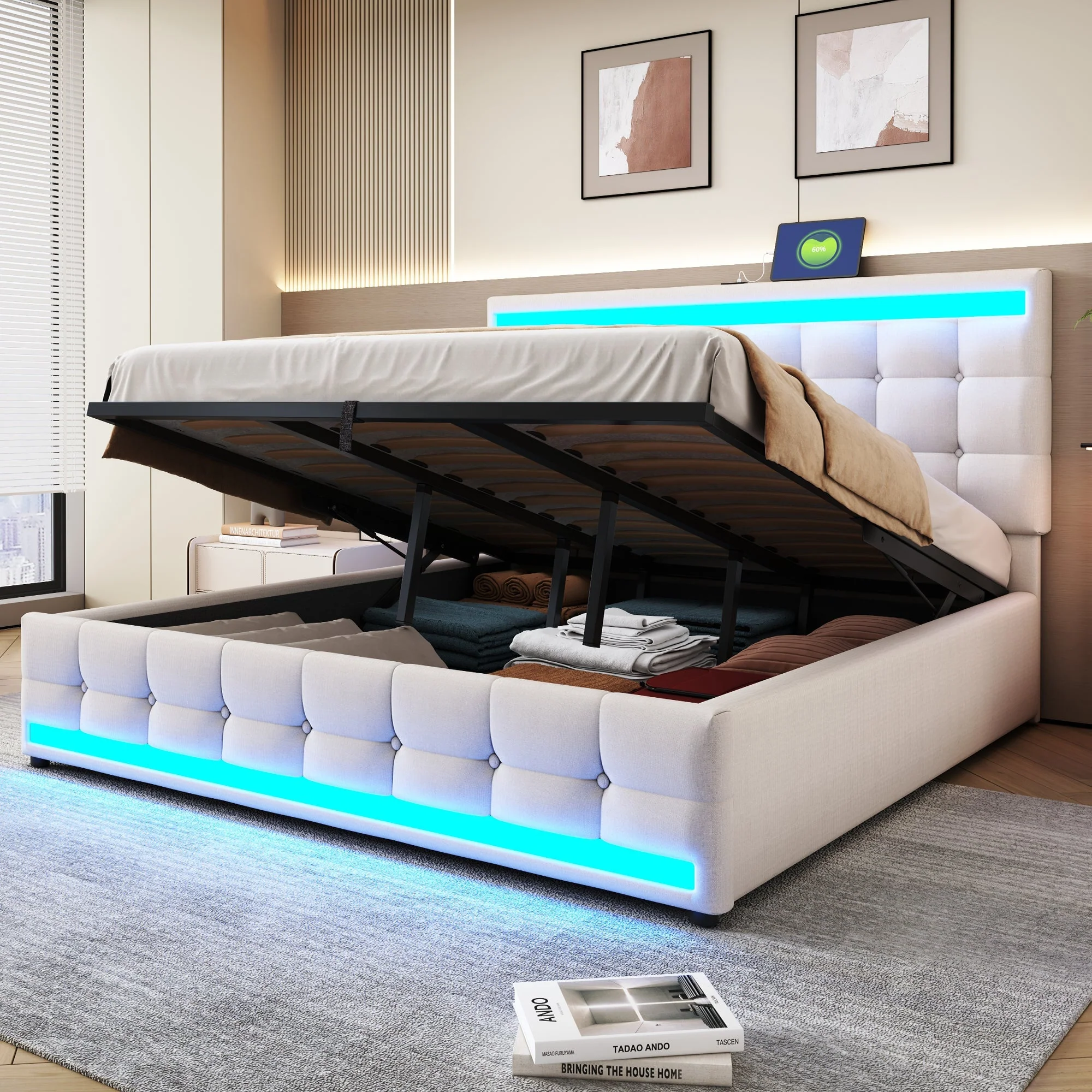 Upholstered Bed, Hydraulic Storage with USB & LED Light Strip, Beige Linen - Image 9
