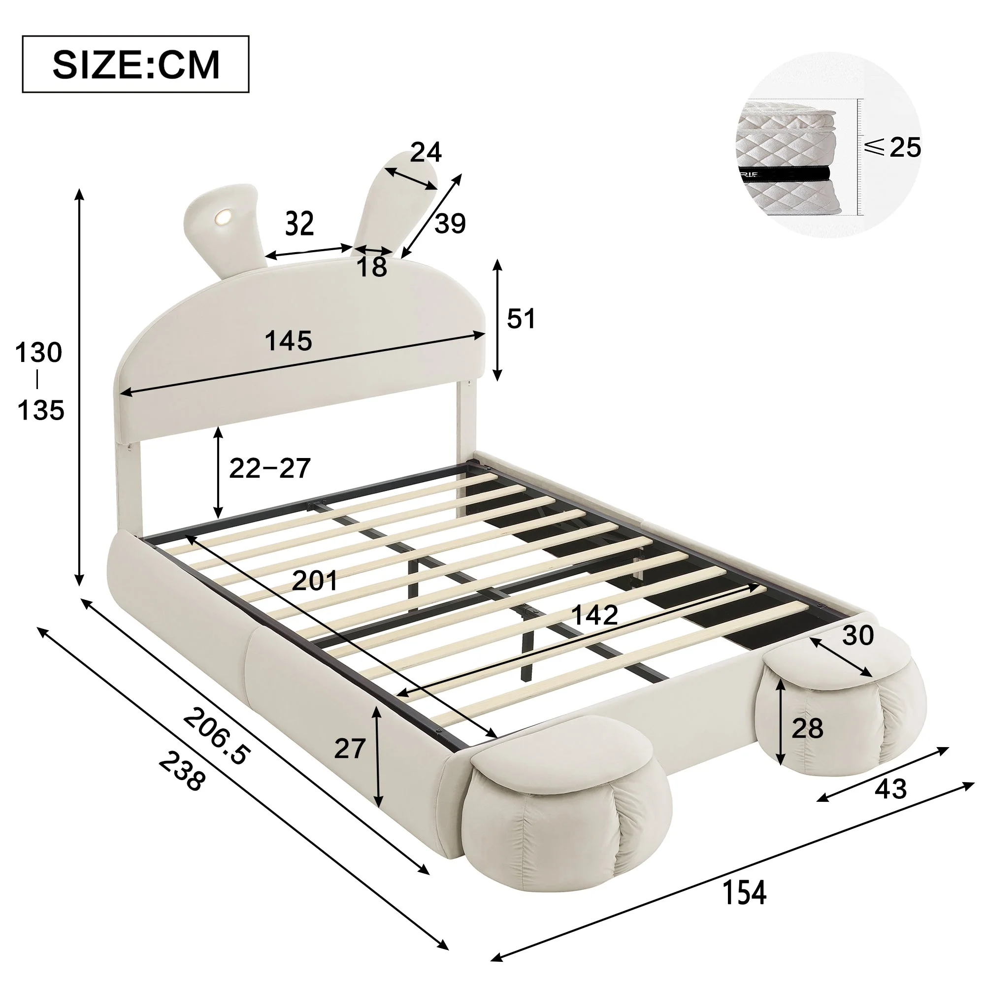 Upholstered Bed, Hydraulic with Rabbit Ears & Storage, Velvet Beige - Image 4