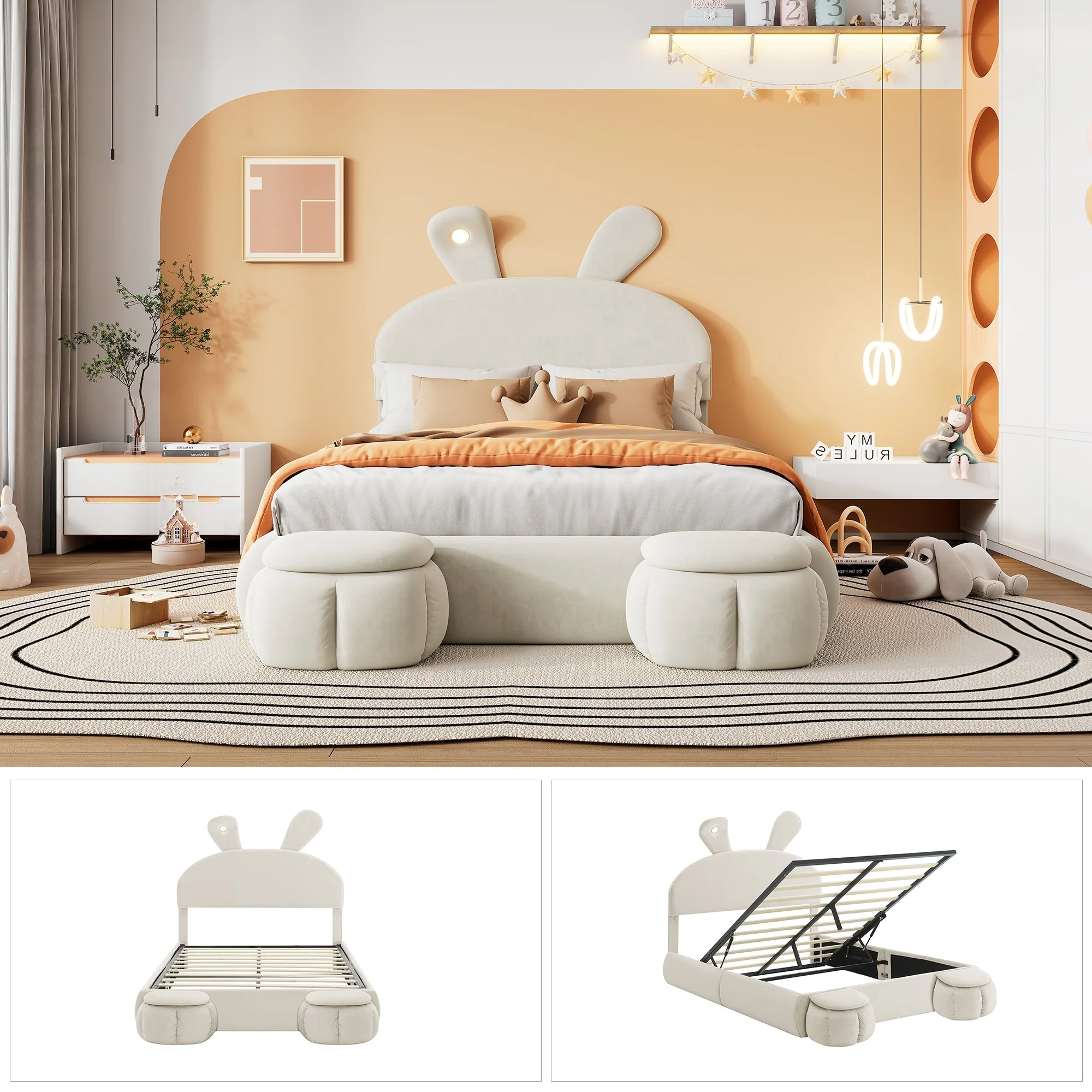 Upholstered Bed, Hydraulic with Rabbit Ears & Storage, Velvet Beige - Image 7