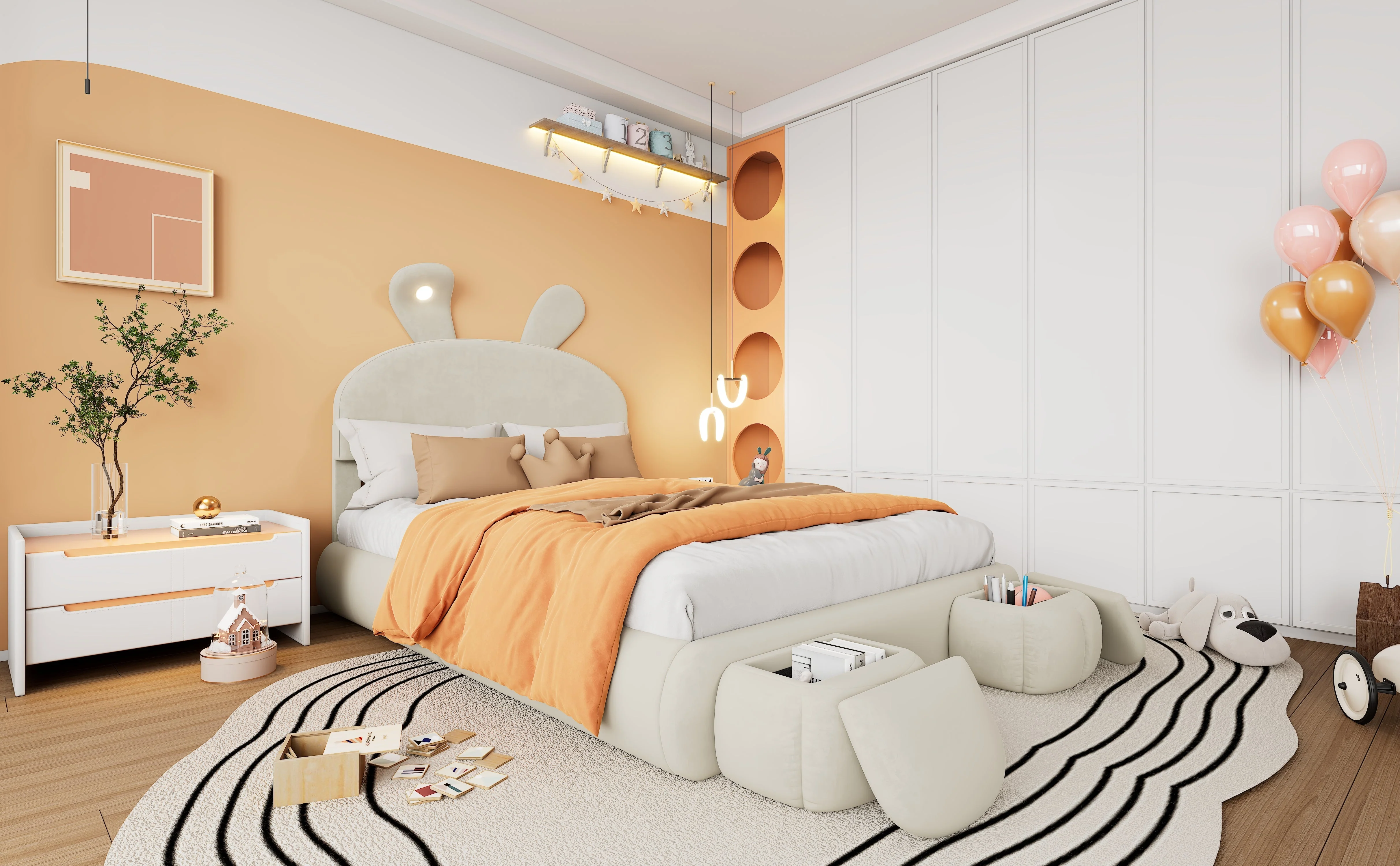 Upholstered Bed, Hydraulic with Rabbit Ears & Storage, Velvet Beige - Image 9