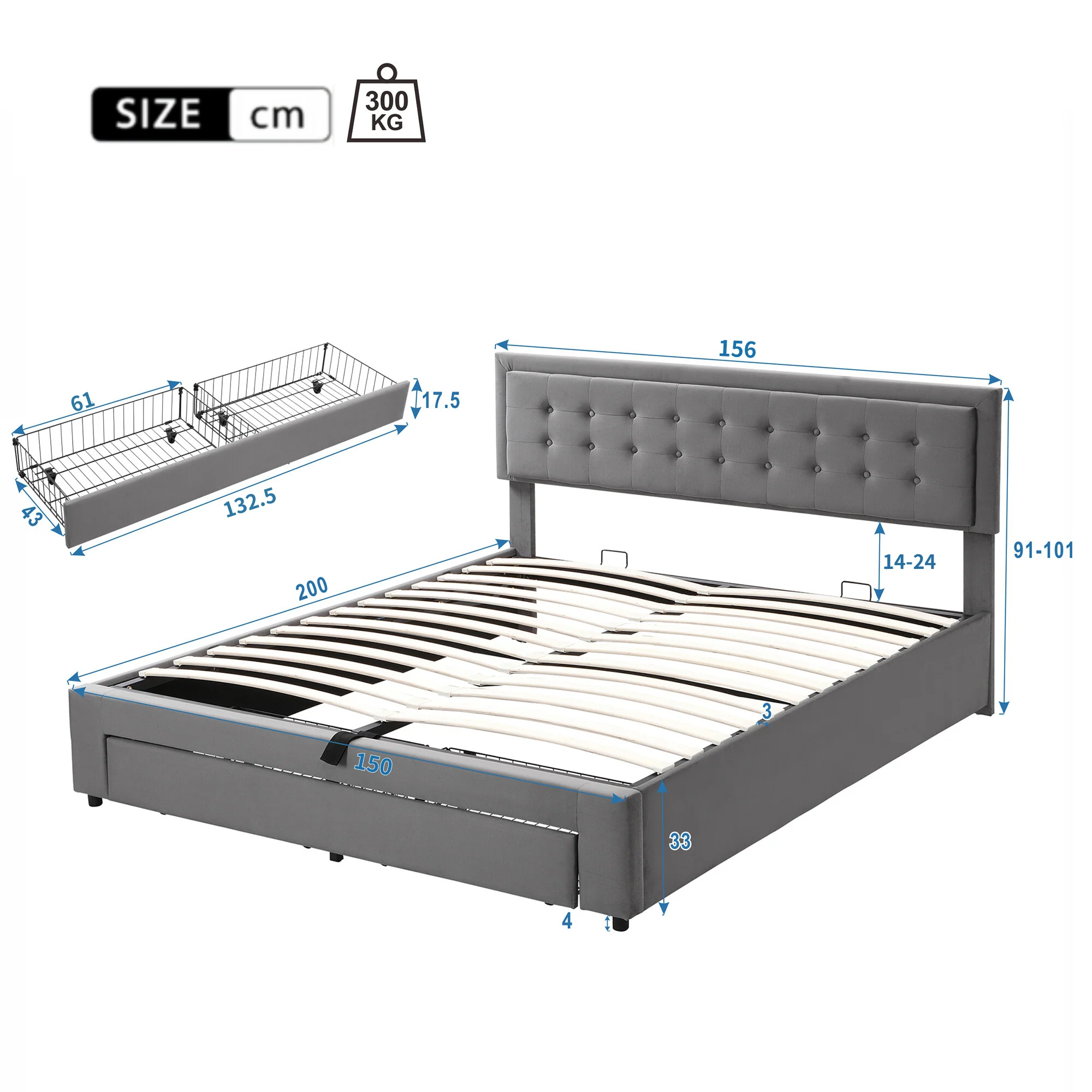 Upholstered Bed, King Size (150x200cm) with Storage, Slats & Headboard, Velvet Fabric, Grey - Image 5
