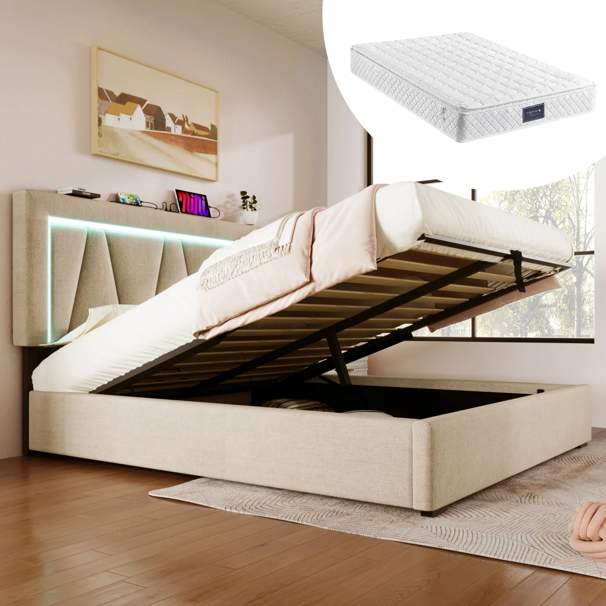 Upholstered Bed, LED Double Bed with USB Type C, 160x200, Linen