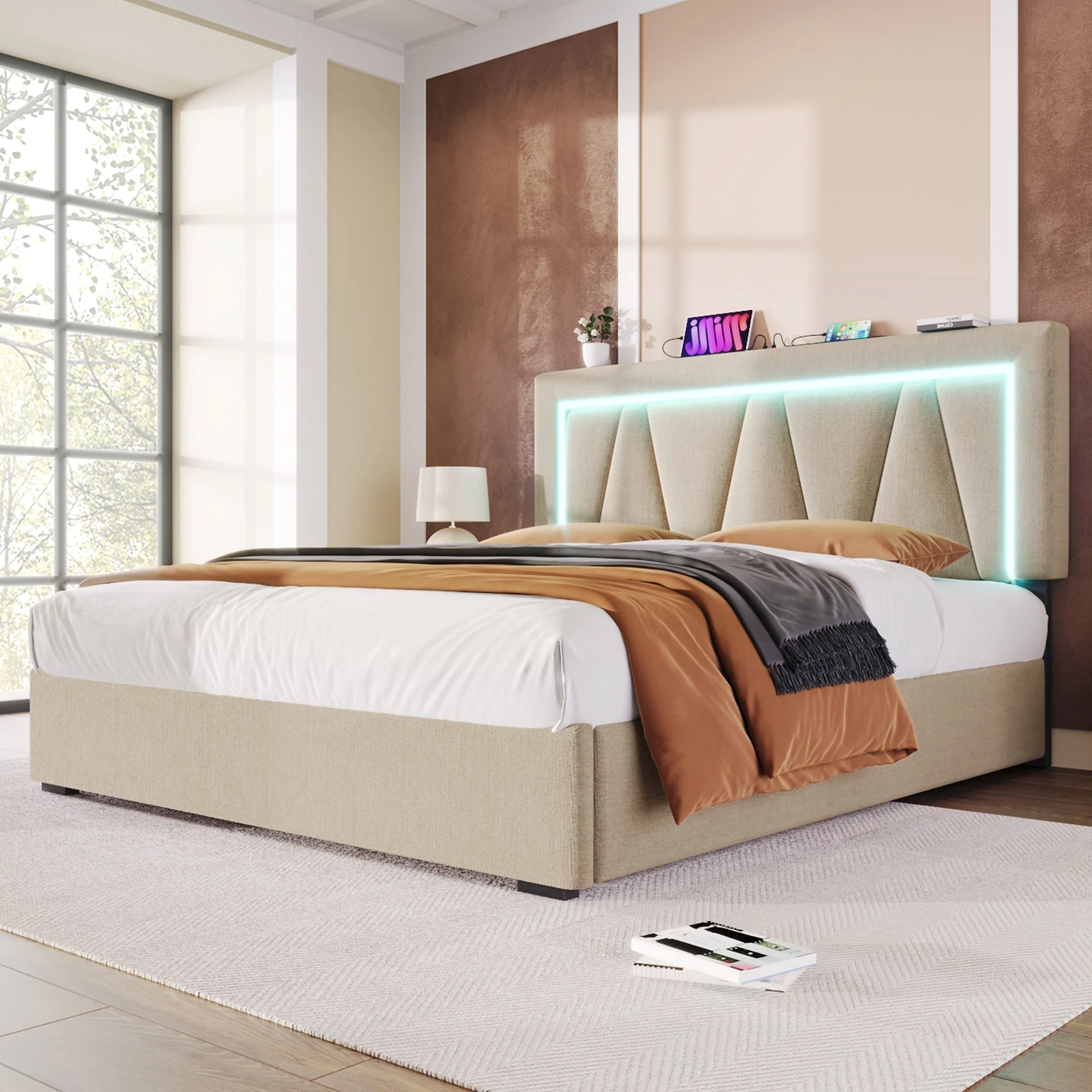 Upholstered Bed, LED Double Bed with USB Type C, 160x200, Linen - Image 6
