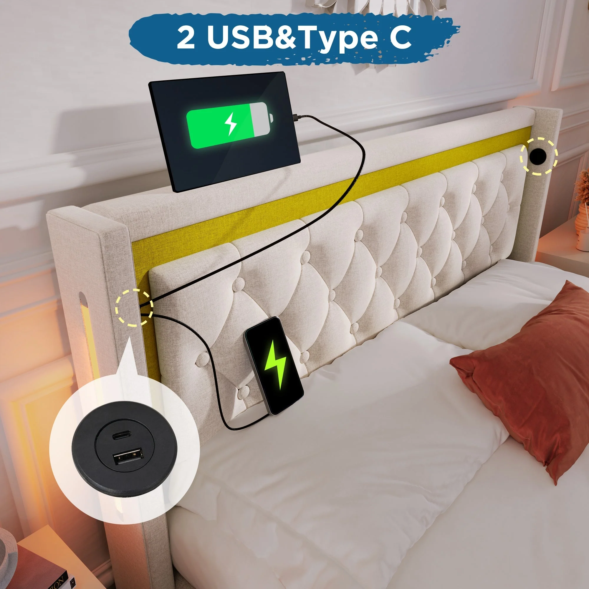 Upholstered Bed, LED Double Bed with USB & Type C Charging, Cotton - Image 2