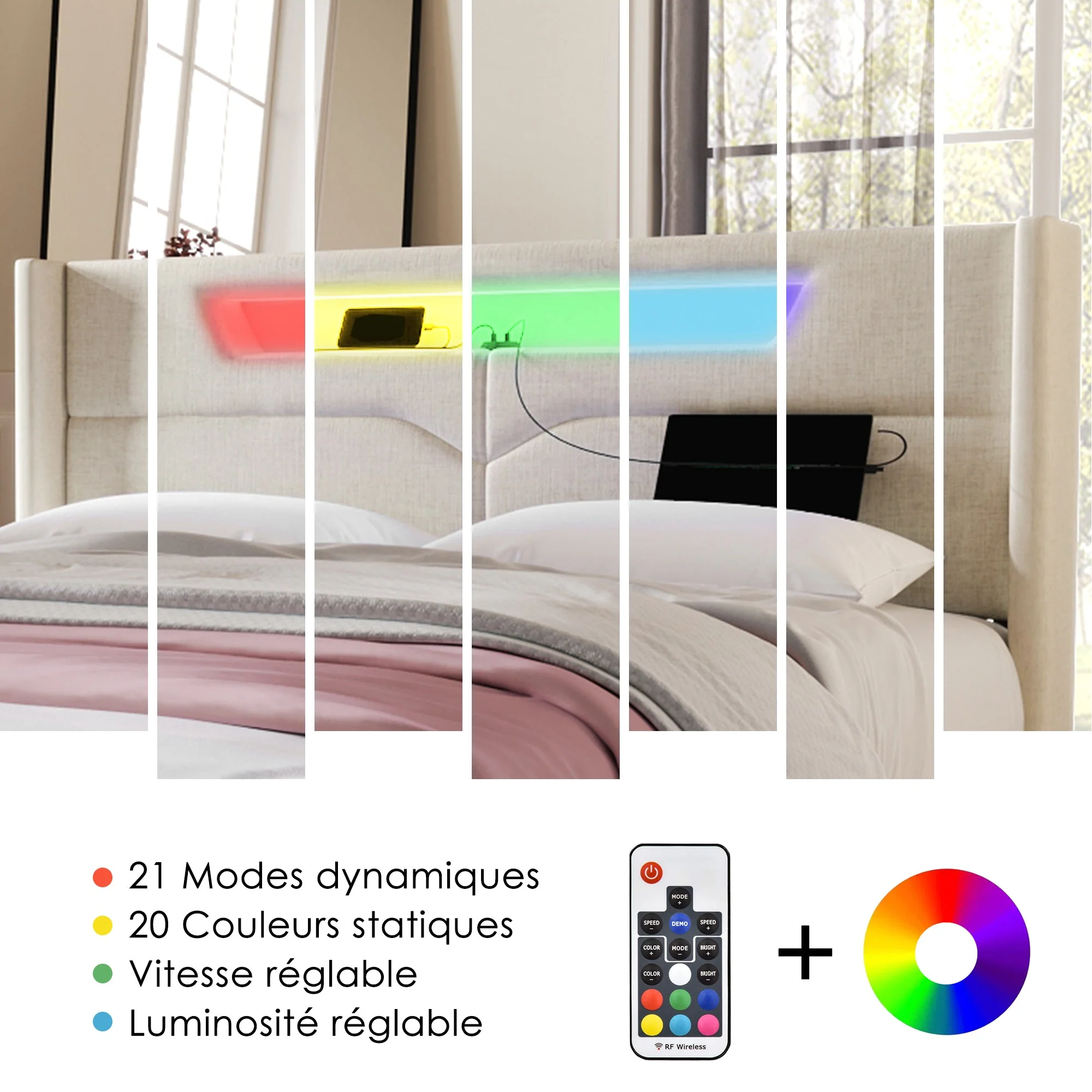 Upholstered Bed, LED Double Bed with USB & Type C Charging, Linen - Image 3