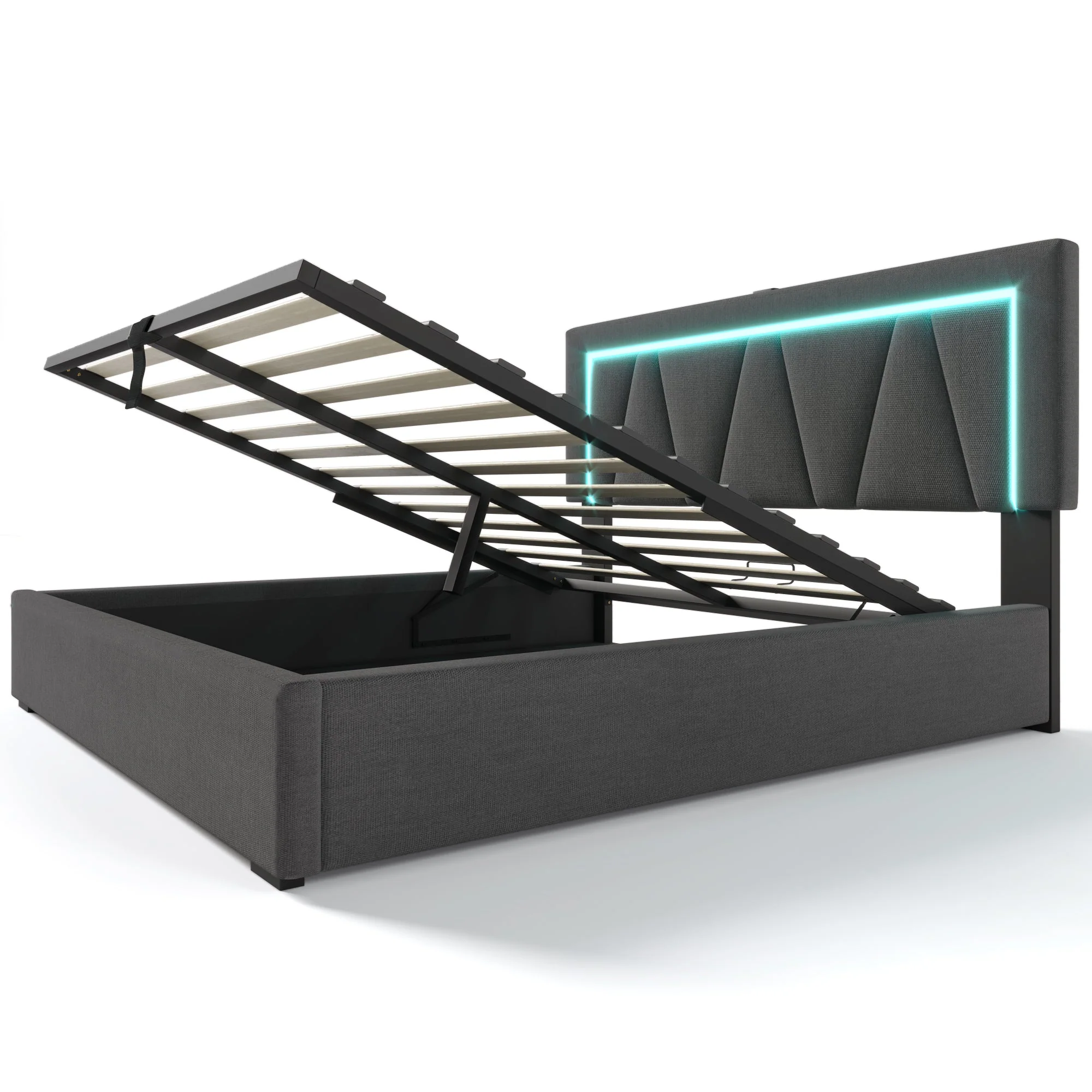Upholstered Bed, LED Double with USB-C, Storage & Slatted Frame, Linen - Image 10