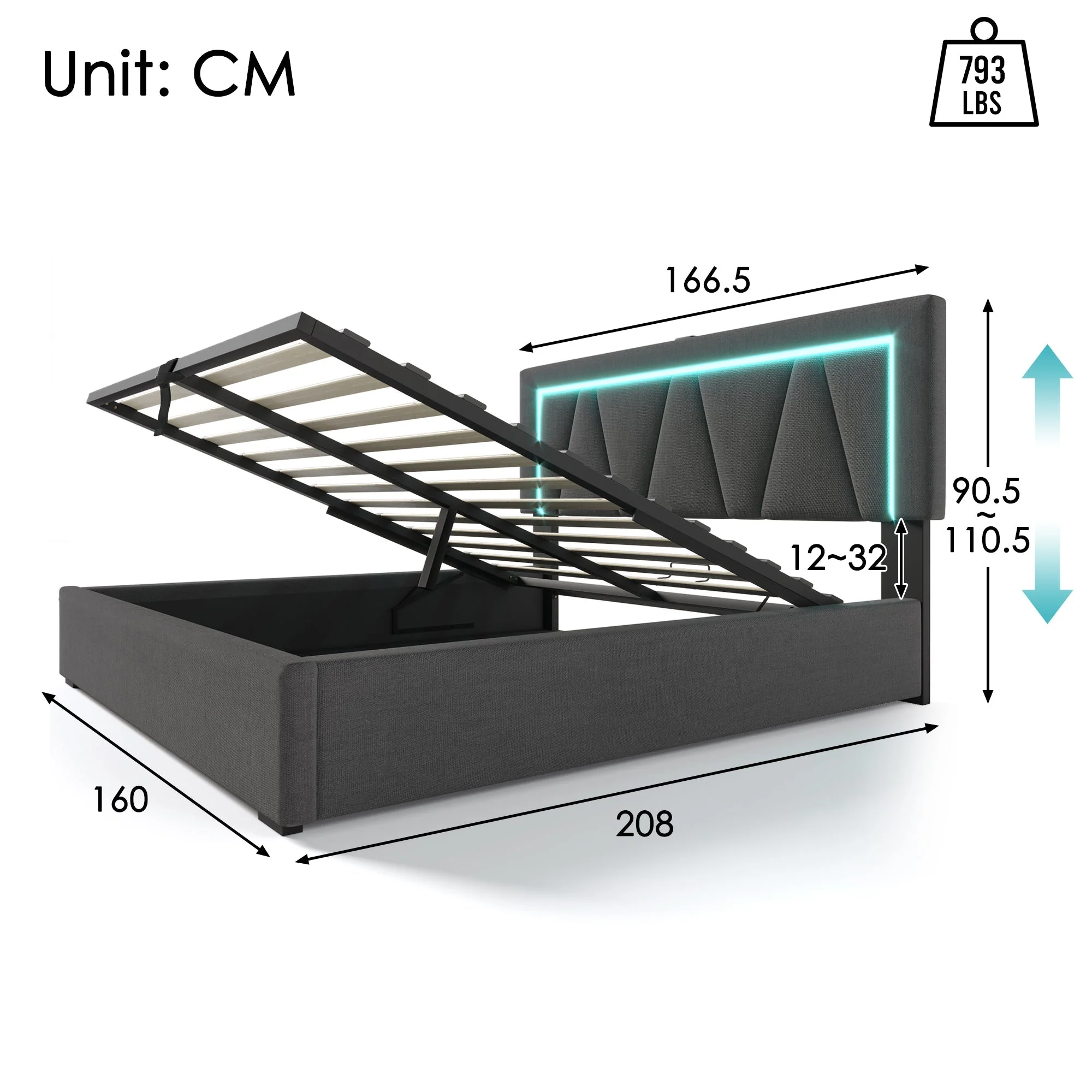Upholstered Bed, LED Double with USB-C, Storage & Slatted Frame, Linen - Image 3