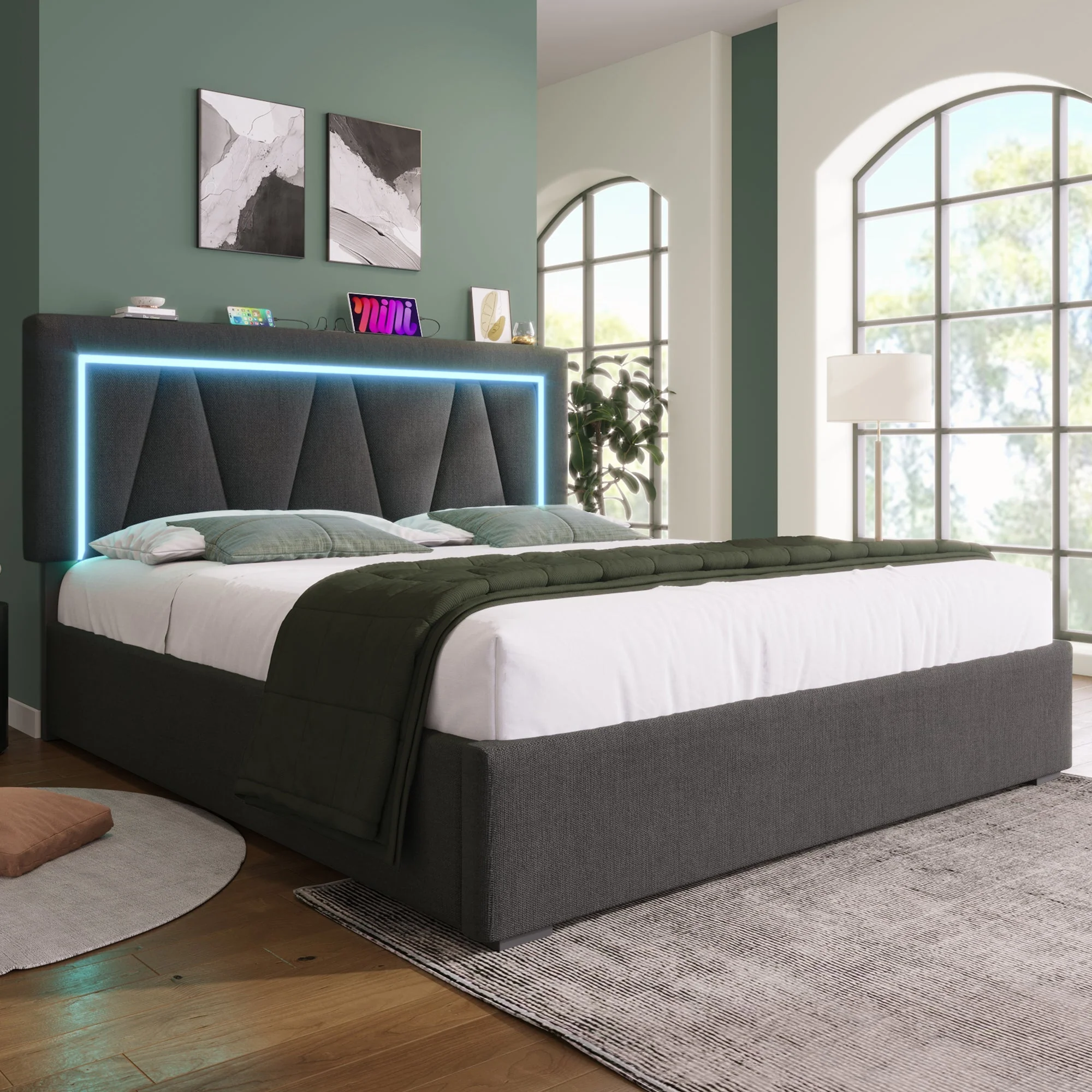 Upholstered Bed, LED Double with USB-C, Storage & Slatted Frame, Linen - Image 5