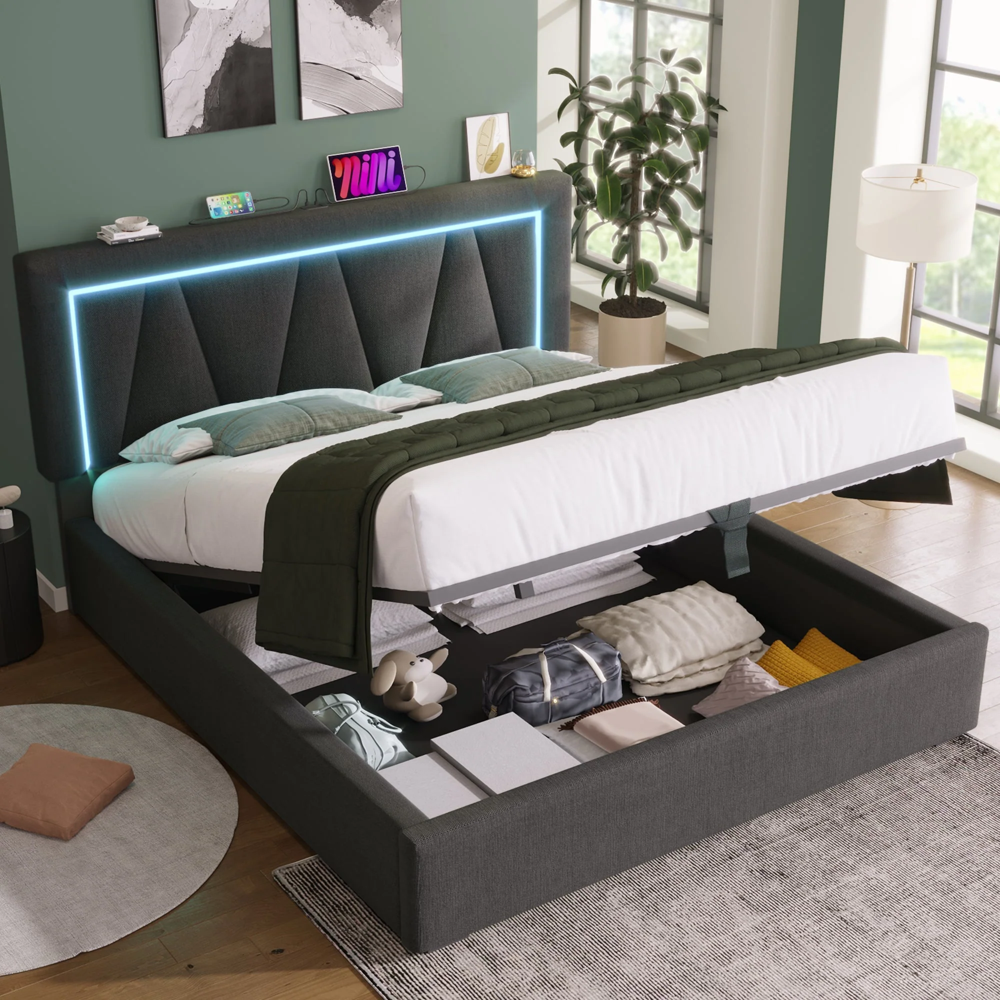 Upholstered Bed, LED Double with USB-C, Storage & Slatted Frame, Linen - Image 6