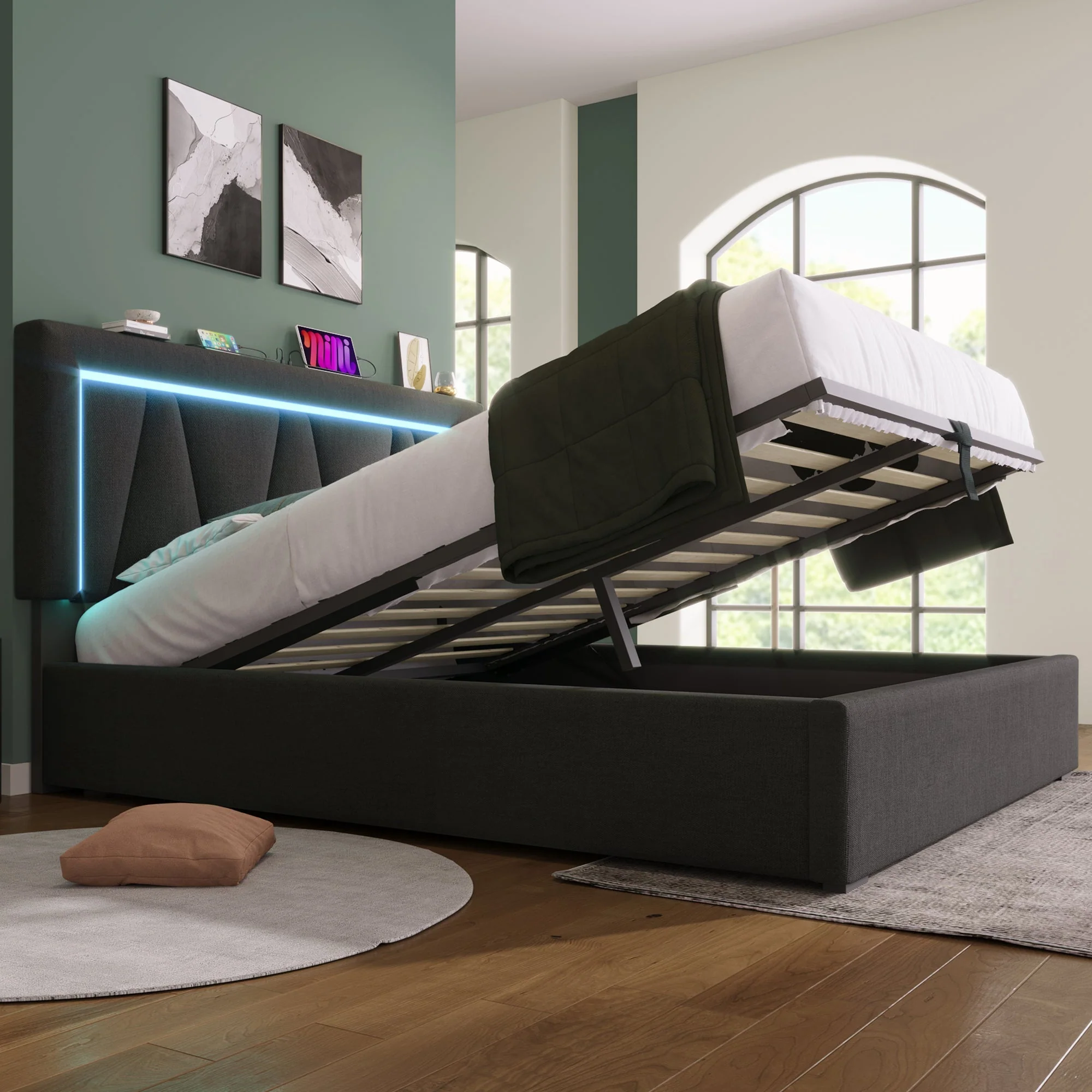 Upholstered Bed, LED Double with USB-C, Storage & Slatted Frame, Linen - Image 7