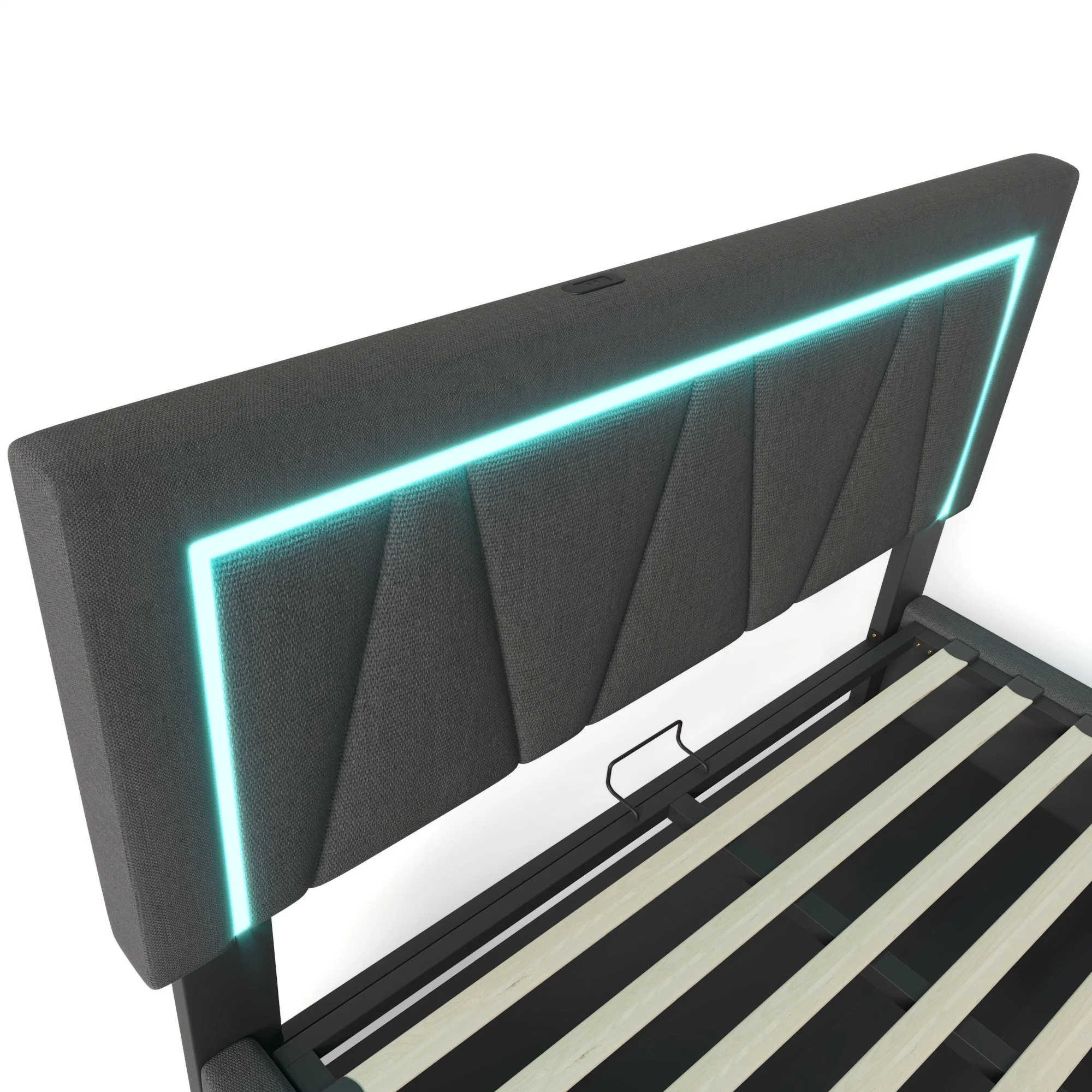 Upholstered Bed, LED Double with USB-C, Storage & Slatted Frame, Linen - Image 9