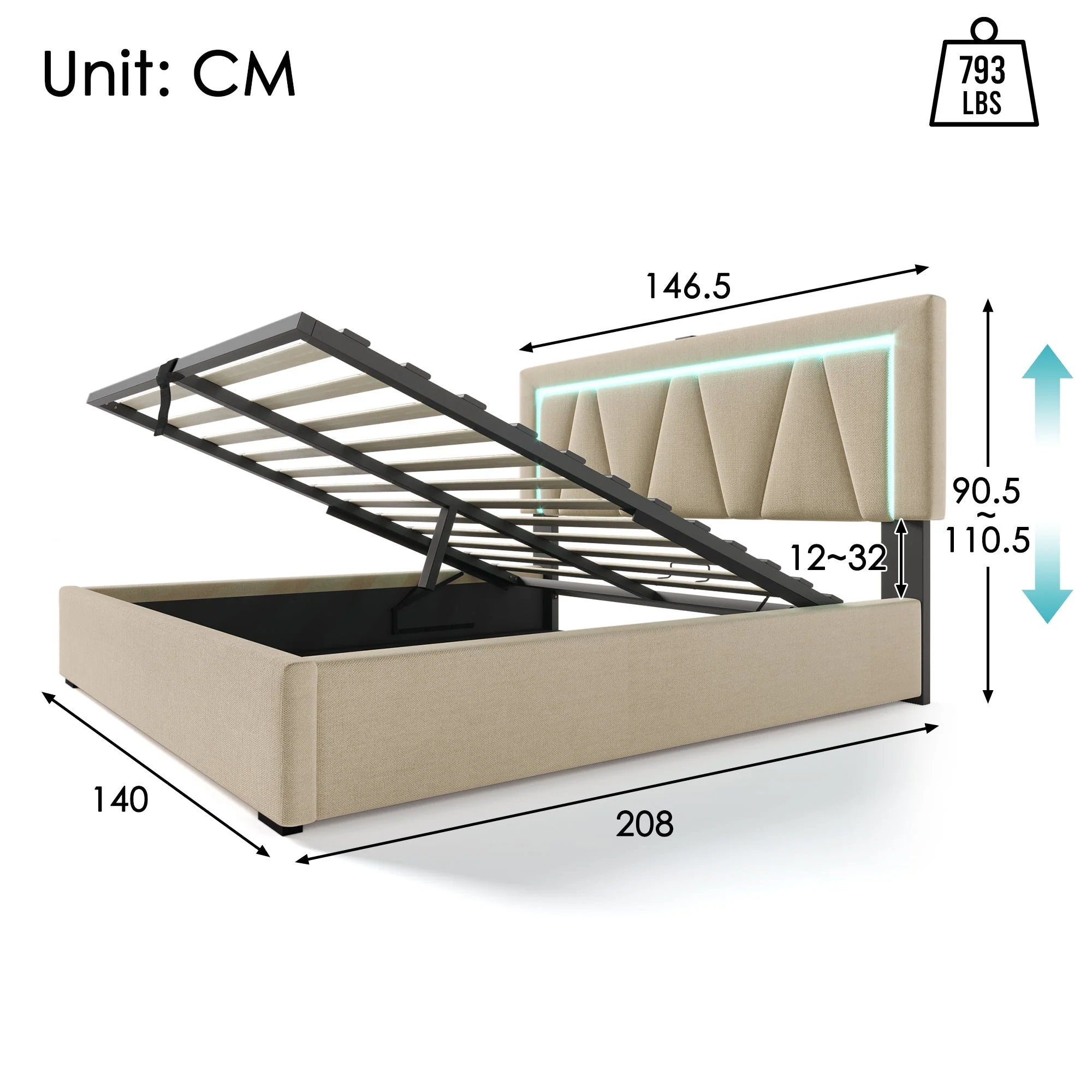 Upholstered Bed, LED Double with USB & Type C Charging, Linen - Image 2