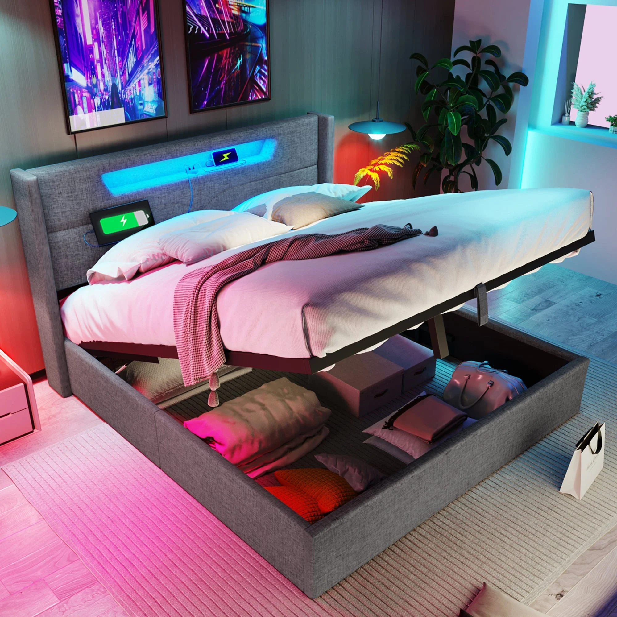Upholstered Bed, LED Double with USB Type C Charging, Storage & Slatted Frame, Linen - Image 10