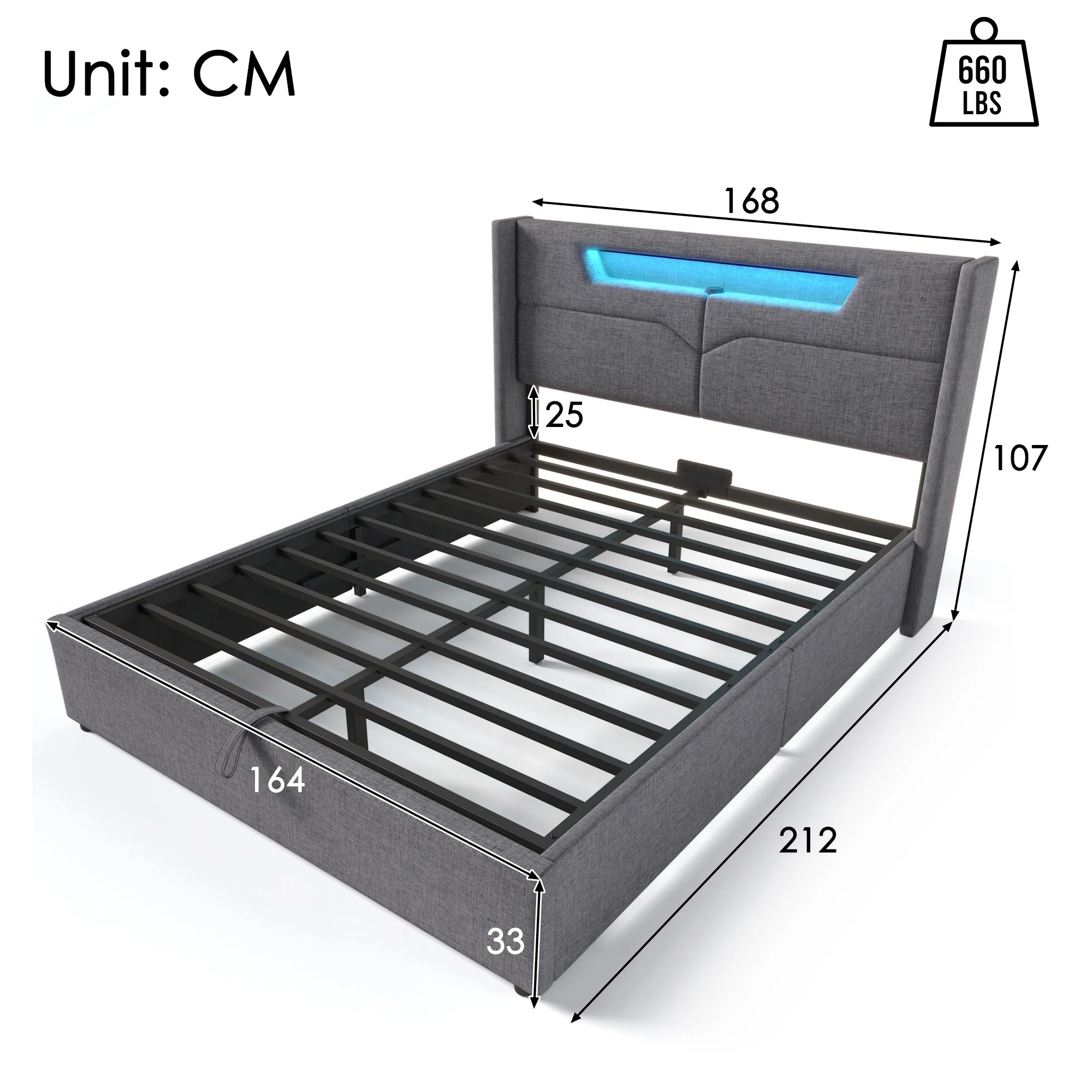 Upholstered Bed, LED Double with USB Type C Charging, Storage & Slatted Frame, Linen - Image 4