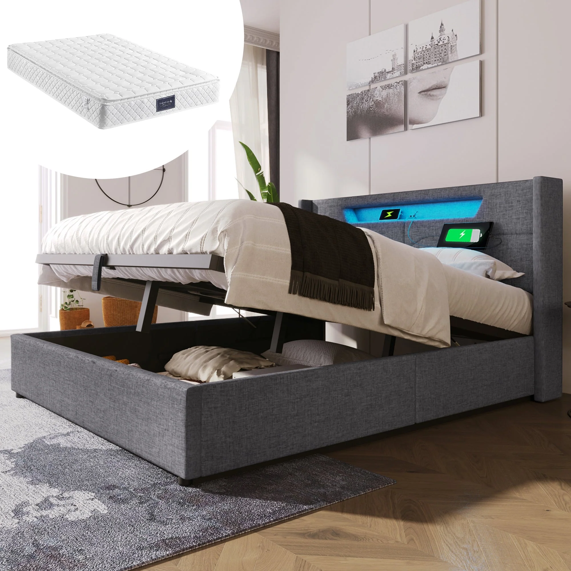 Upholstered Bed, LED Double with USB Type C Charging, Storage & Slatted Frame, Linen - Image 5