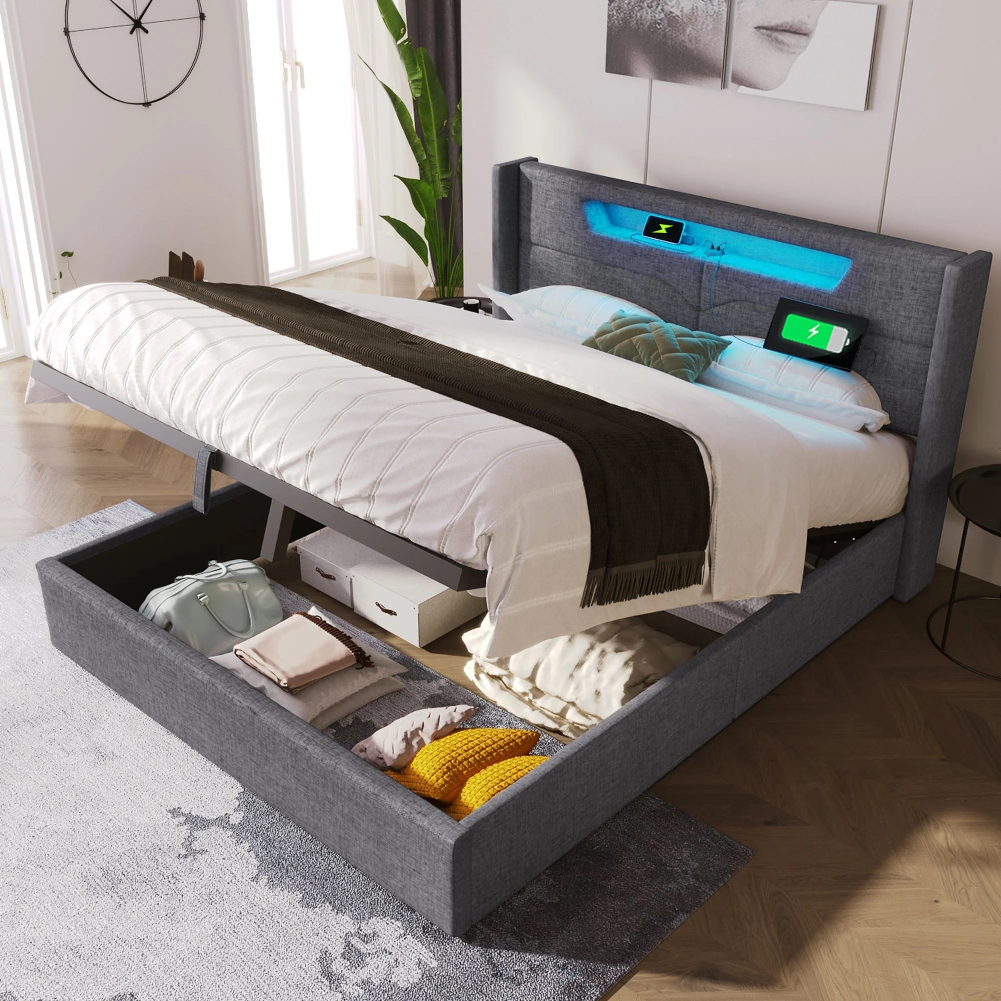Upholstered Bed, LED Double with USB Type C Charging, Storage & Slatted Frame, Linen - Image 9