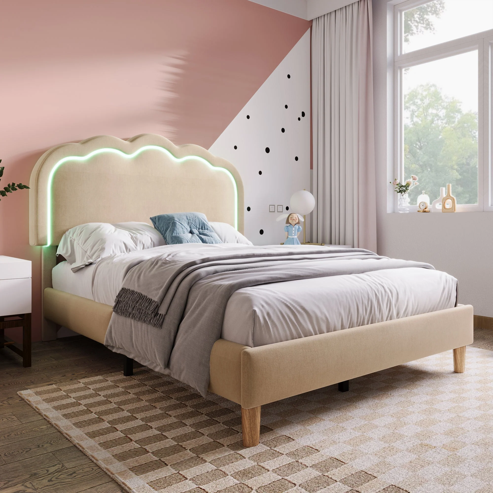 Upholstered Bed, LED single bed 90x200cm with slatted frame and adjustable headboard, beige linen - Image 12