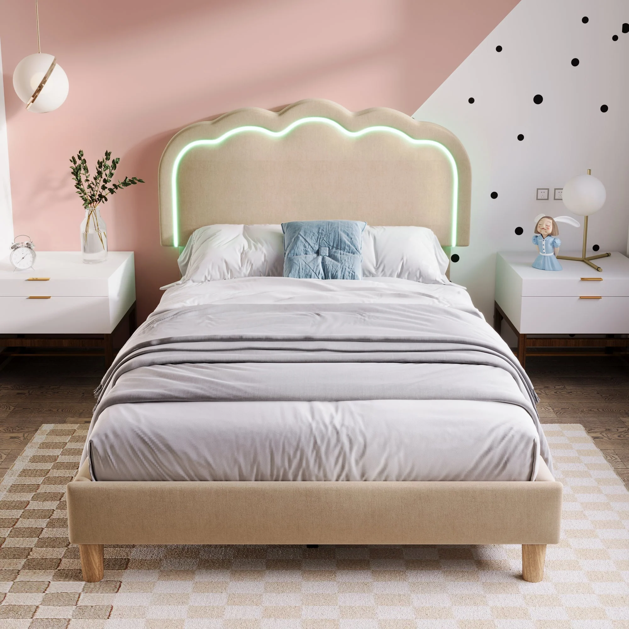 Upholstered Bed, LED single bed 90x200cm with slatted frame and adjustable headboard, beige linen - Image 2
