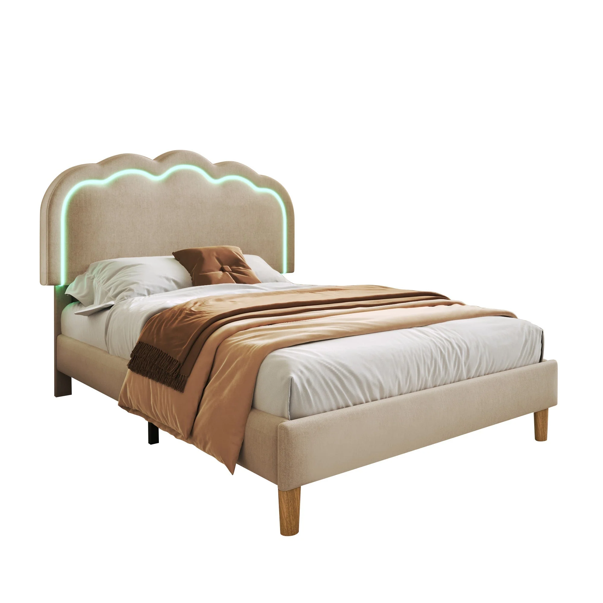 Upholstered Bed, LED single bed 90x200cm with slatted frame and adjustable headboard, beige linen - Image 4