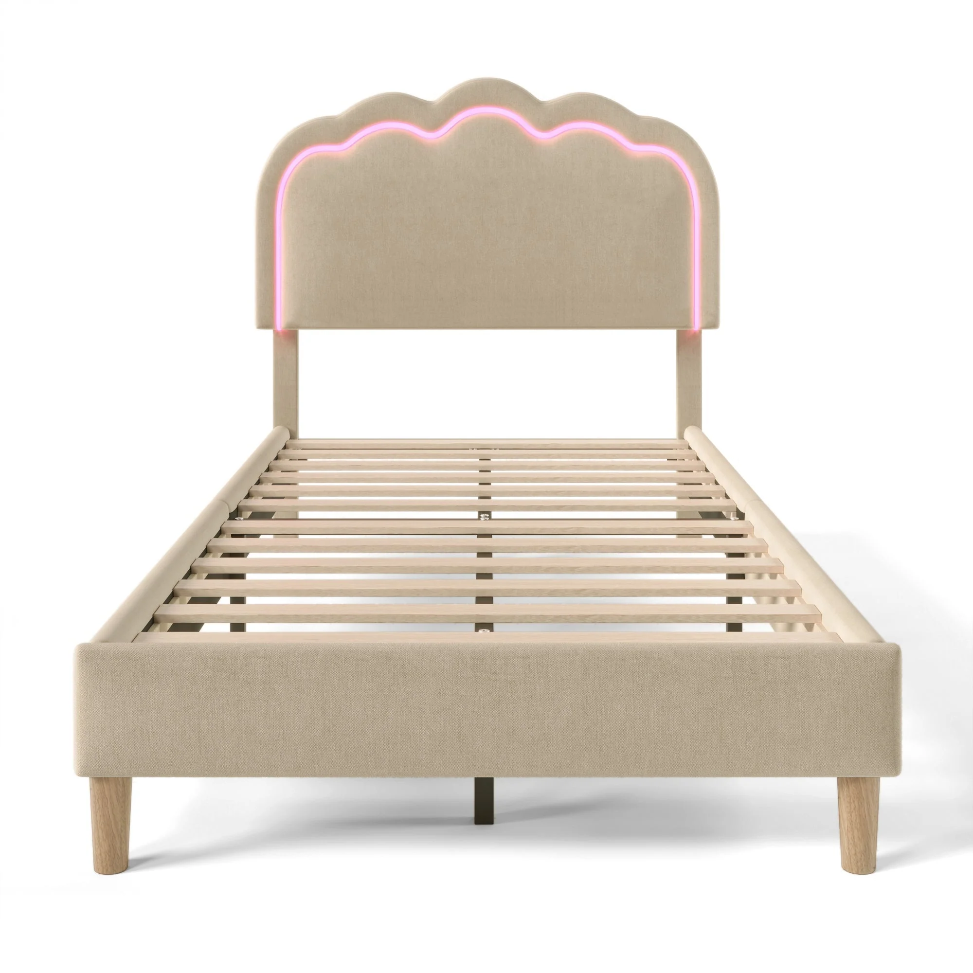 Upholstered Bed, LED single bed 90x200cm with slatted frame and adjustable headboard, beige linen - Image 6