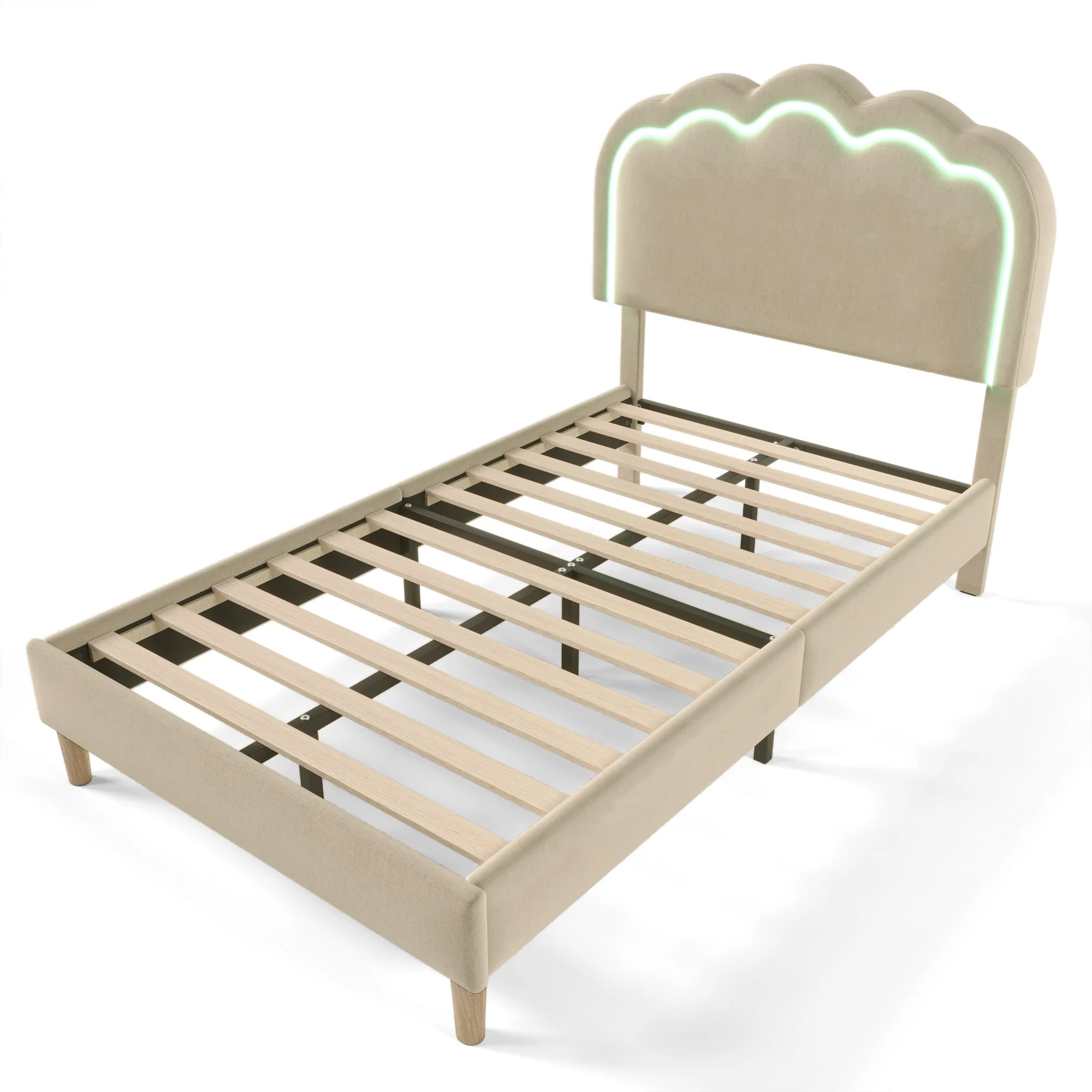 Upholstered Bed, LED single bed 90x200cm with slatted frame and adjustable headboard, beige linen - Image 7