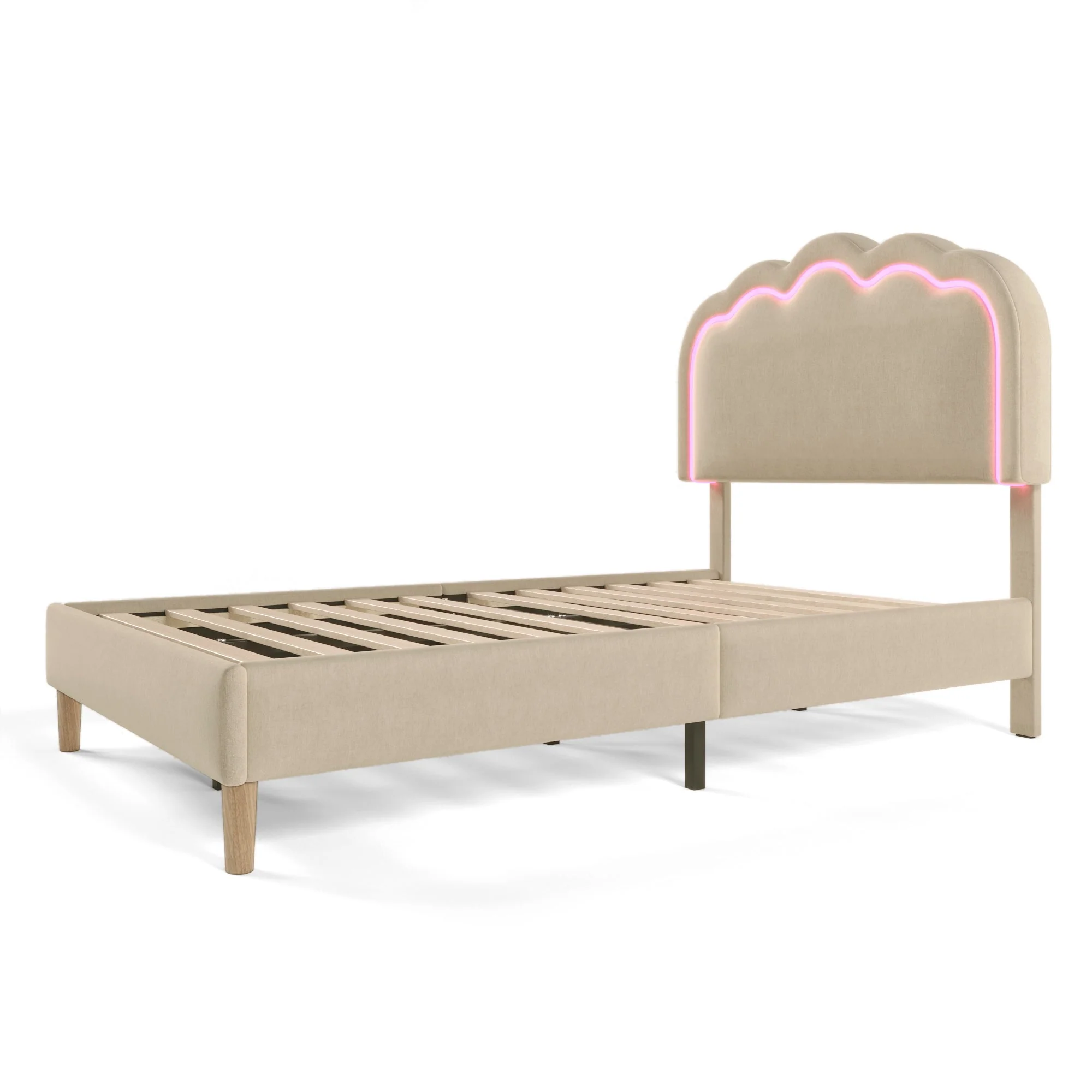 Upholstered Bed, LED single bed 90x200cm with slatted frame and adjustable headboard, beige linen - Image 8