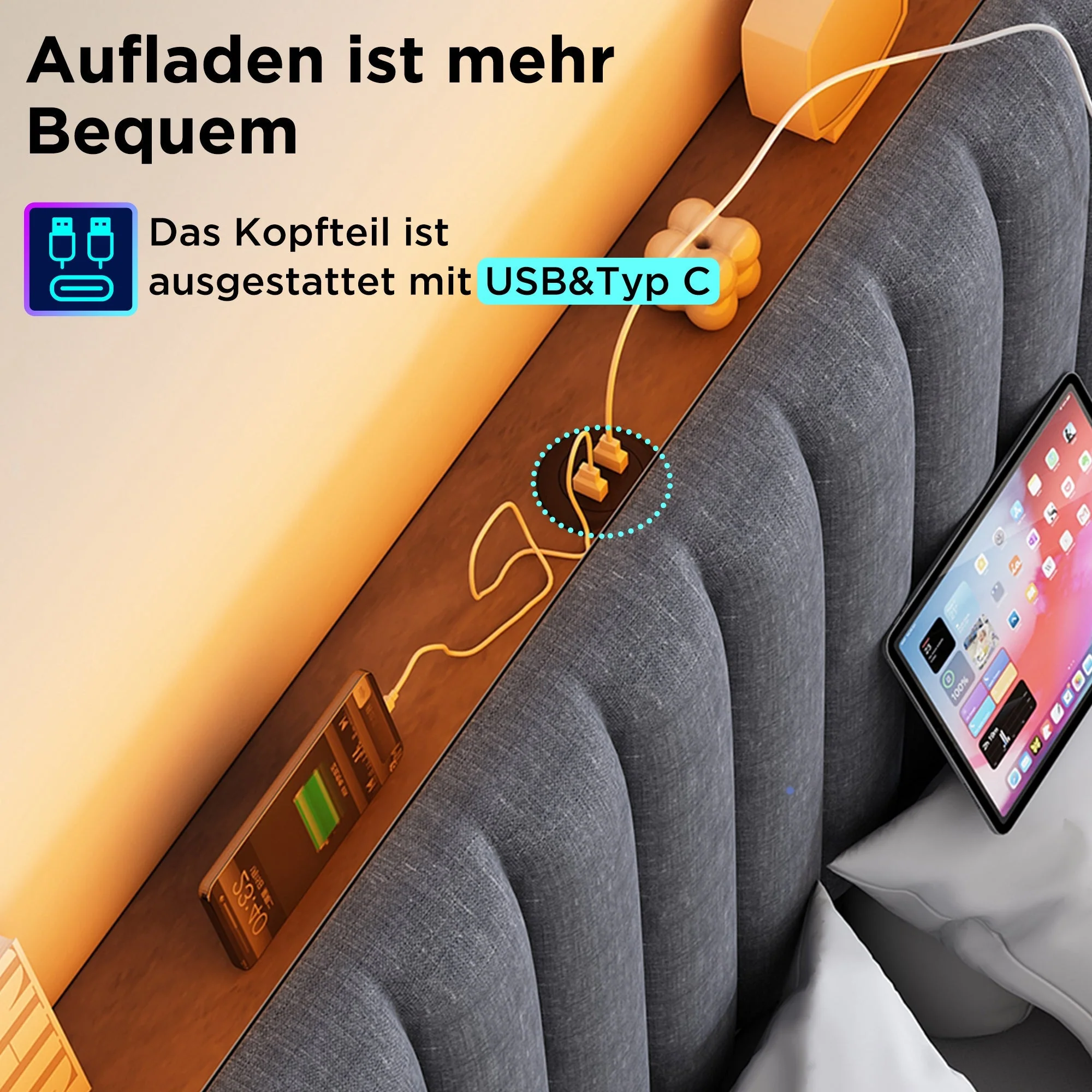 Upholstered Bed LED Storage USB 140x200cm Grey - Image 3