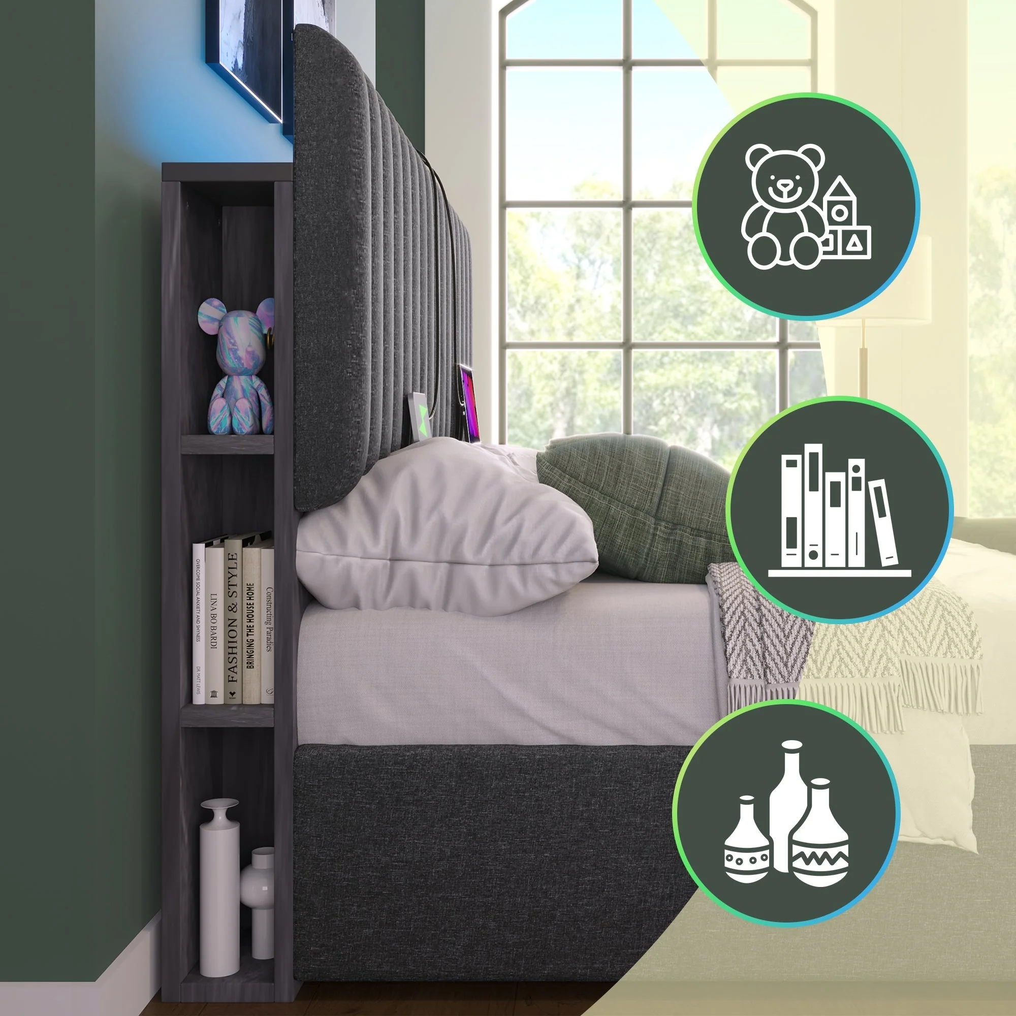 Upholstered Bed LED Storage USB 140x200cm Grey - Image 4