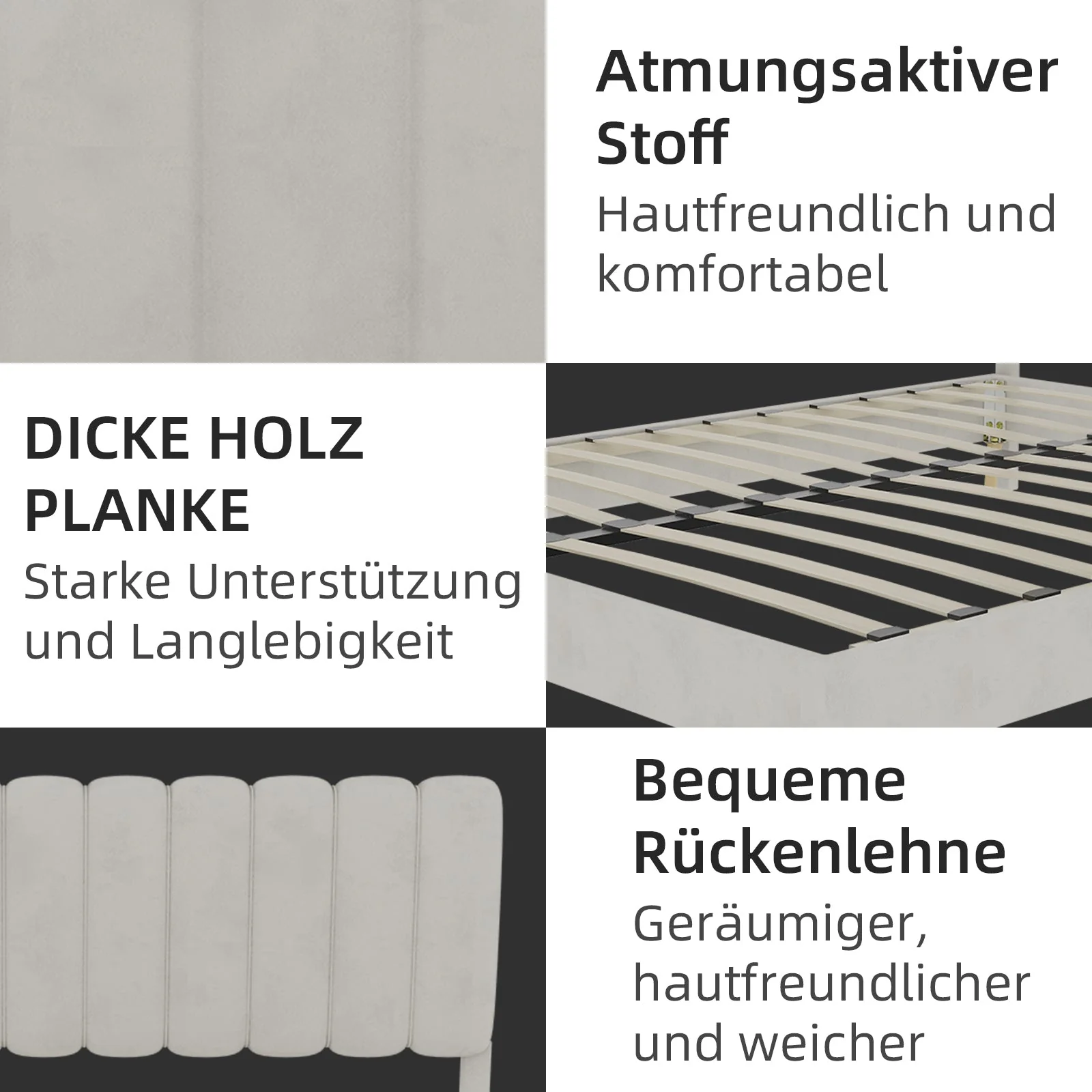 Upholstered Bed, Minimalist Plush Headboard 140x200cm, Beige - Image 2